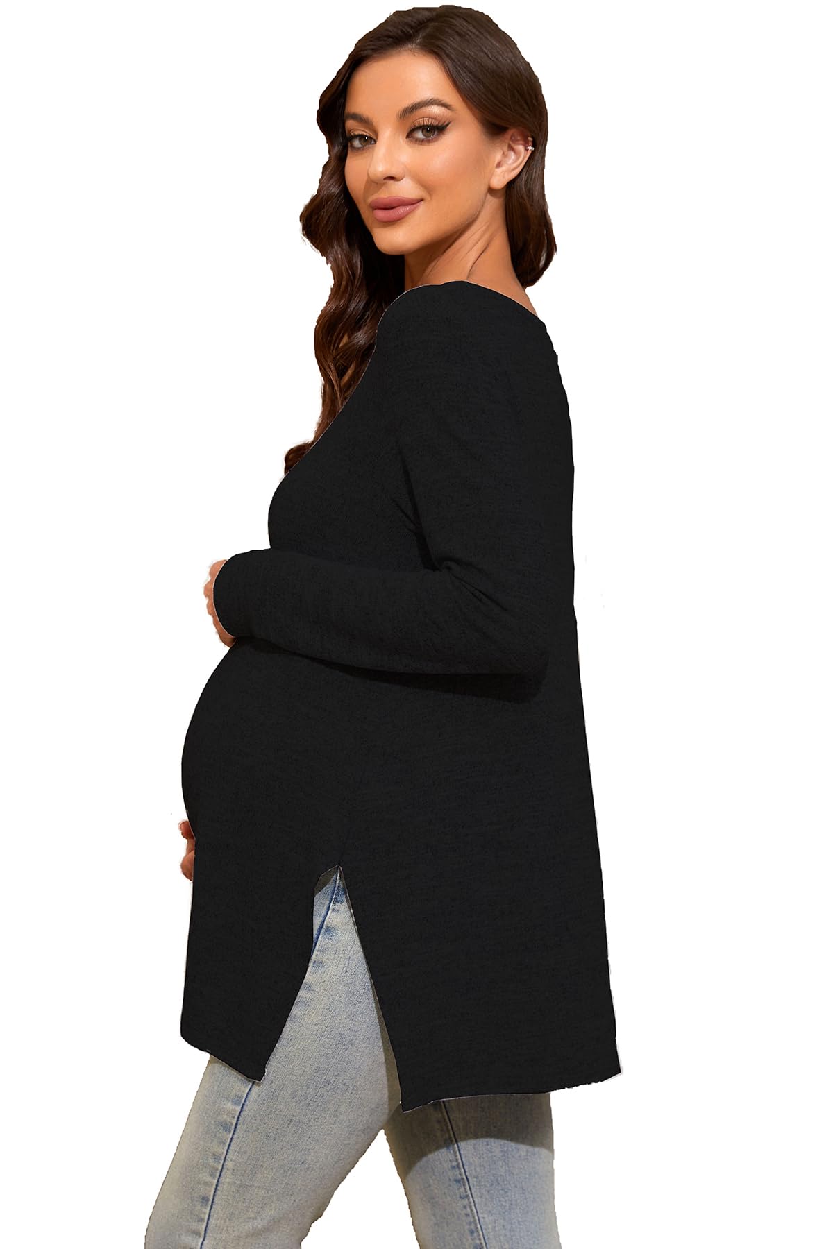 Smallshow Women's Maternity Shirts - Side Split Long Sleeve Pregnancy Tops for Comfort & Style | Perfect for Work, Casual Wear & Maternity Photos