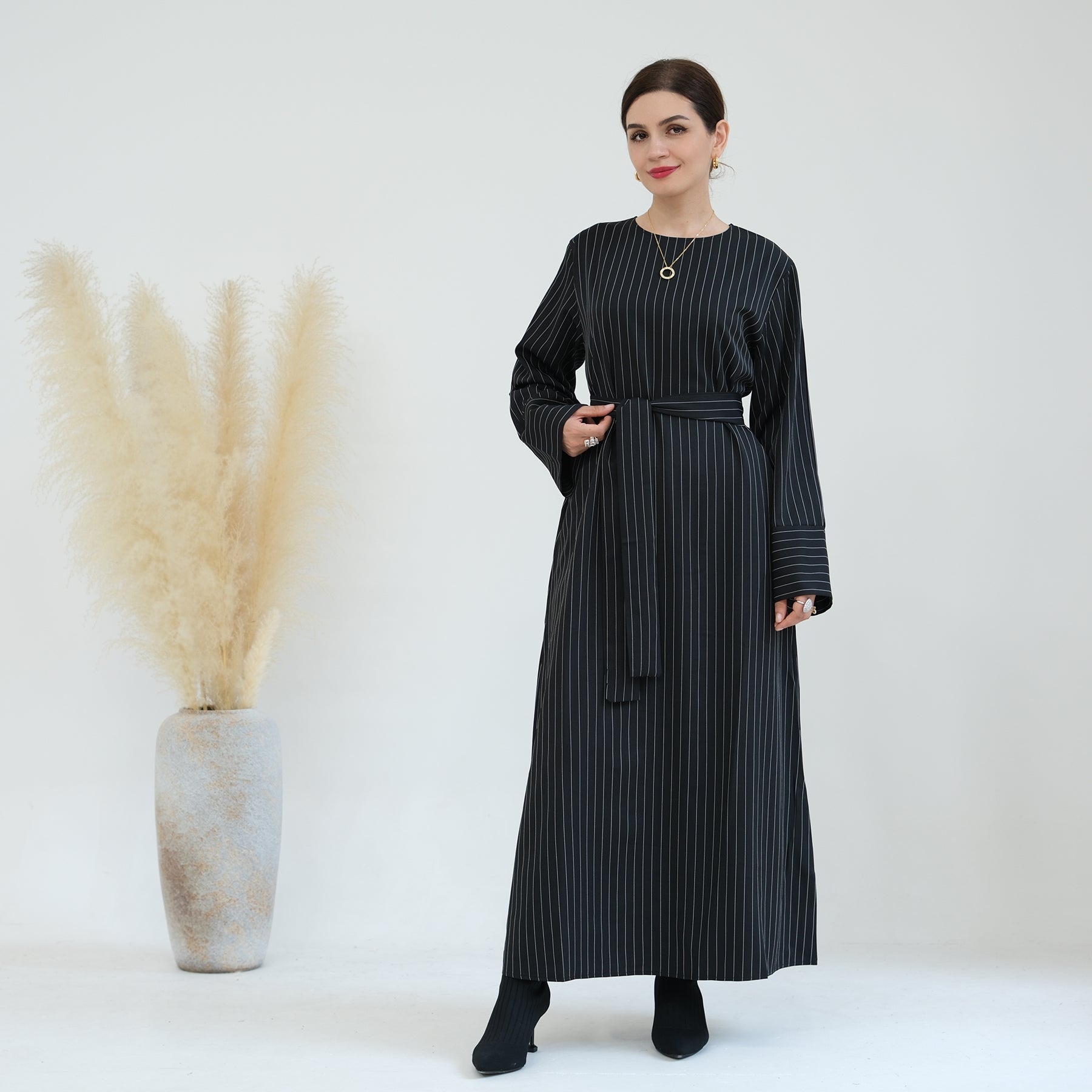 Janine Stripe Long Sleeve Belted Maxi Dress for Women - Elegant Black Flowy Dress for Parties, Weddings & Special Occasions