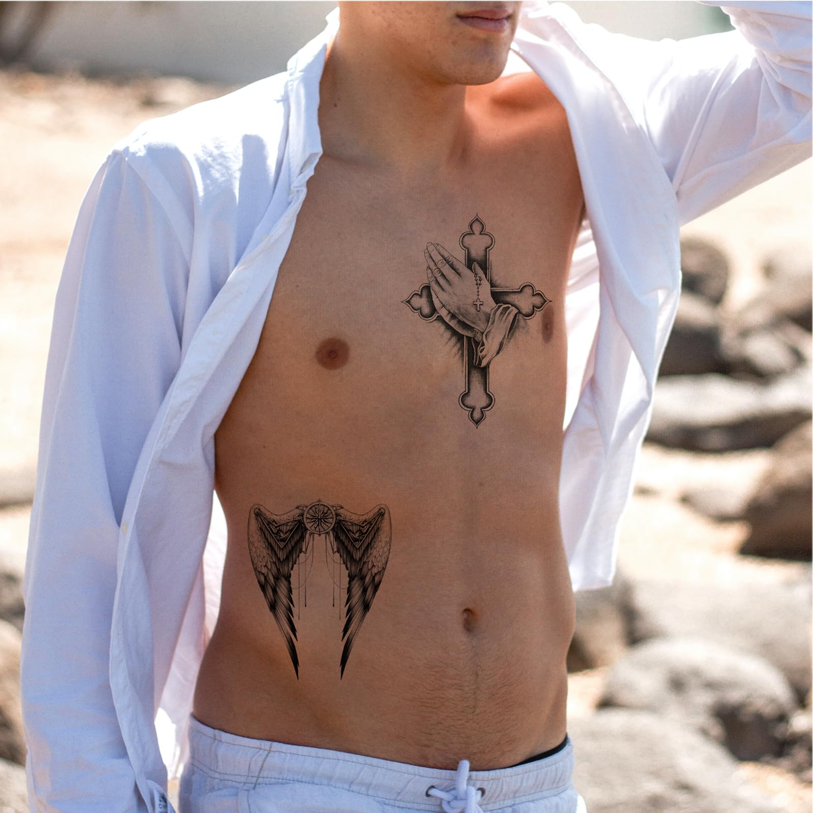 Realistic Cross Wing Temporary Tattoo for Men - Large Half Sleeve Black Religious Tattoo Stickers | Holy God Jesus Fake Tattoo, Christian Tribal Arm & Chest Body Art | 8-Sheet Pack for Halloween, Cosplay, Costume Parties & Religious Events