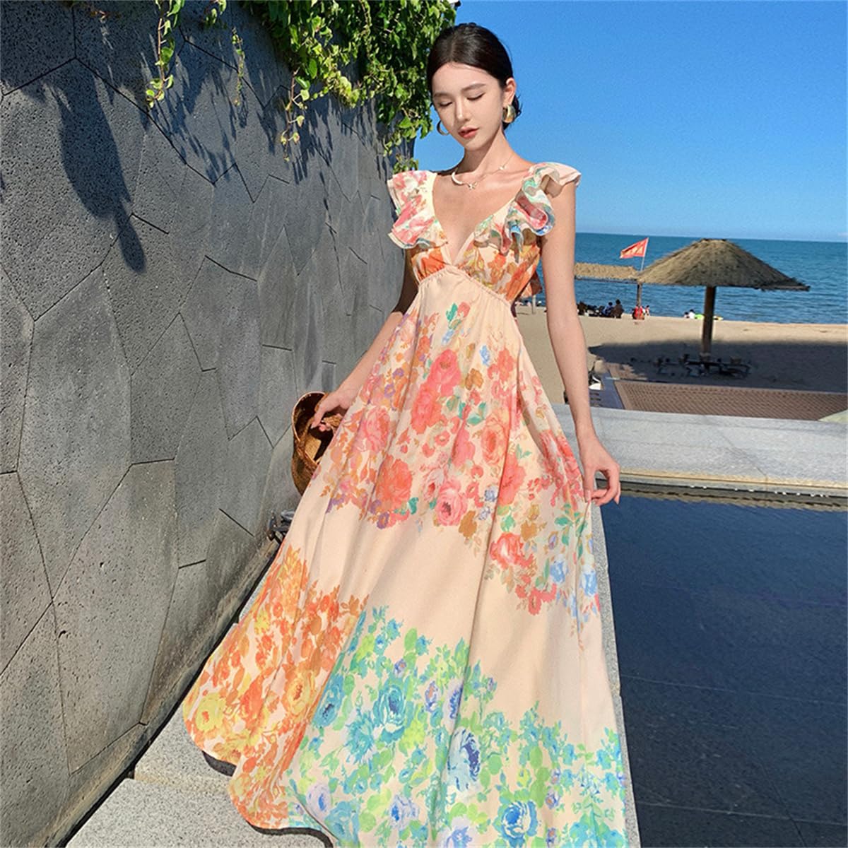 Aurelio Floral Summer Dress for Women - Boho Flowy V-Neck Midi Dress with Smocked Waist, Spring Fall Wedding Guest Dress | Perfect for Beach Vacations, Garden Parties & Special Occasions