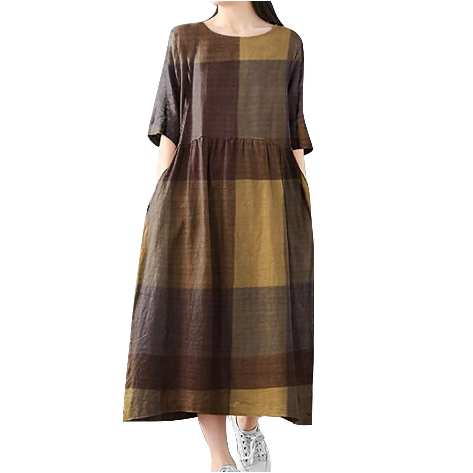 bmkBWO Women's Summer Plaid Color Block Casual Midi Dress - Short Sleeve Crewneck Smocked Waist Long Shirt Dress for Beach, Vacation & Everyday Wear