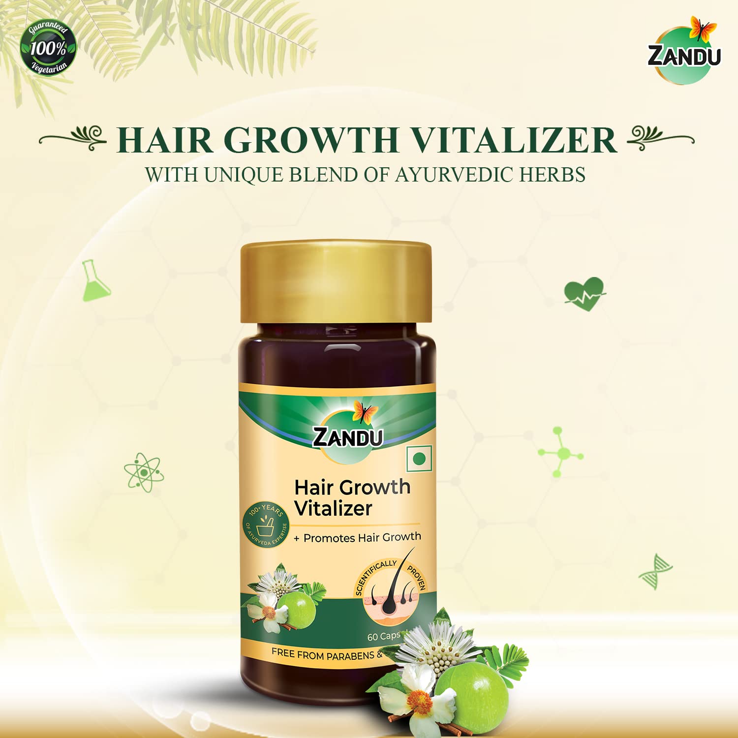 Zandu Hair Growth Vitalizer - Herbal Supplement for Hair & Scalp Nourishment | 60 Capsules | Promotes Healthy Hair Growth | Ideal for Thinning Hair & Scalp Care | Perfect for Daily Hair Wellness Routine