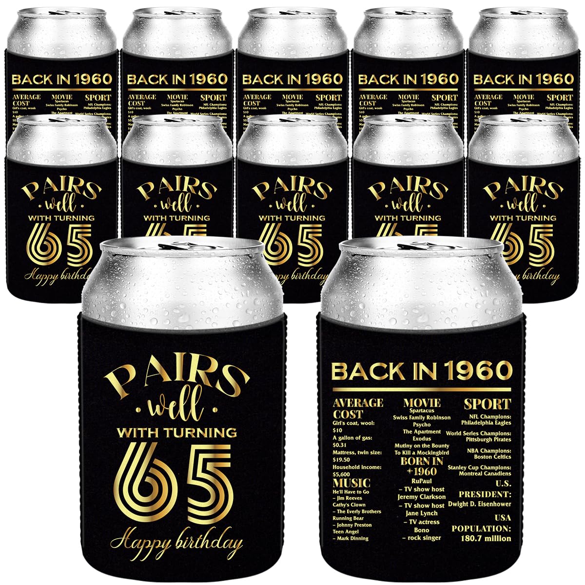 65th Birthday Gifts for Women & Men - Funny 65 Year Old Birthday Present Ideas - Happy Anniversary Party Decorations - Insulated Beverage & Beer Can Cooler Sleeves - Perfect for Retirement Celebrations, Milestone Parties & Backyard BBQs
