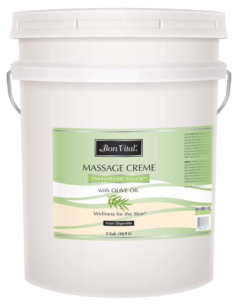 Bon Vital' Therapeutic Touch Massage Cream - Professional Olive Oil Massage Lotion for Dry Skin Repair & Muscle Pain Relief | Full Body Moisturizer for Youthful Skin | 5 Gallon Bulk Size | Ideal for Spa, Physical Therapy & Home Massage Use