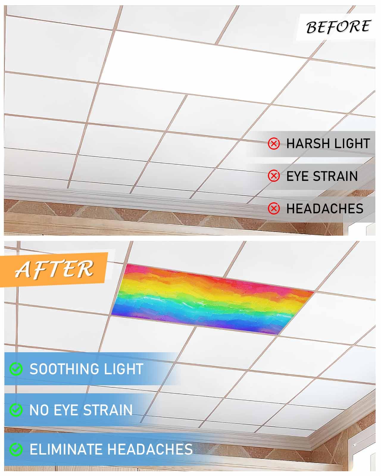 3PCS Fluorescent Light Covers with 10 Magnets - Rainbow LGBT Pride Flag Design Oil Painting Print, Ceiling Light Fixture Panels for Glare Reduction in Home, Office, Bar, or Event Decor
