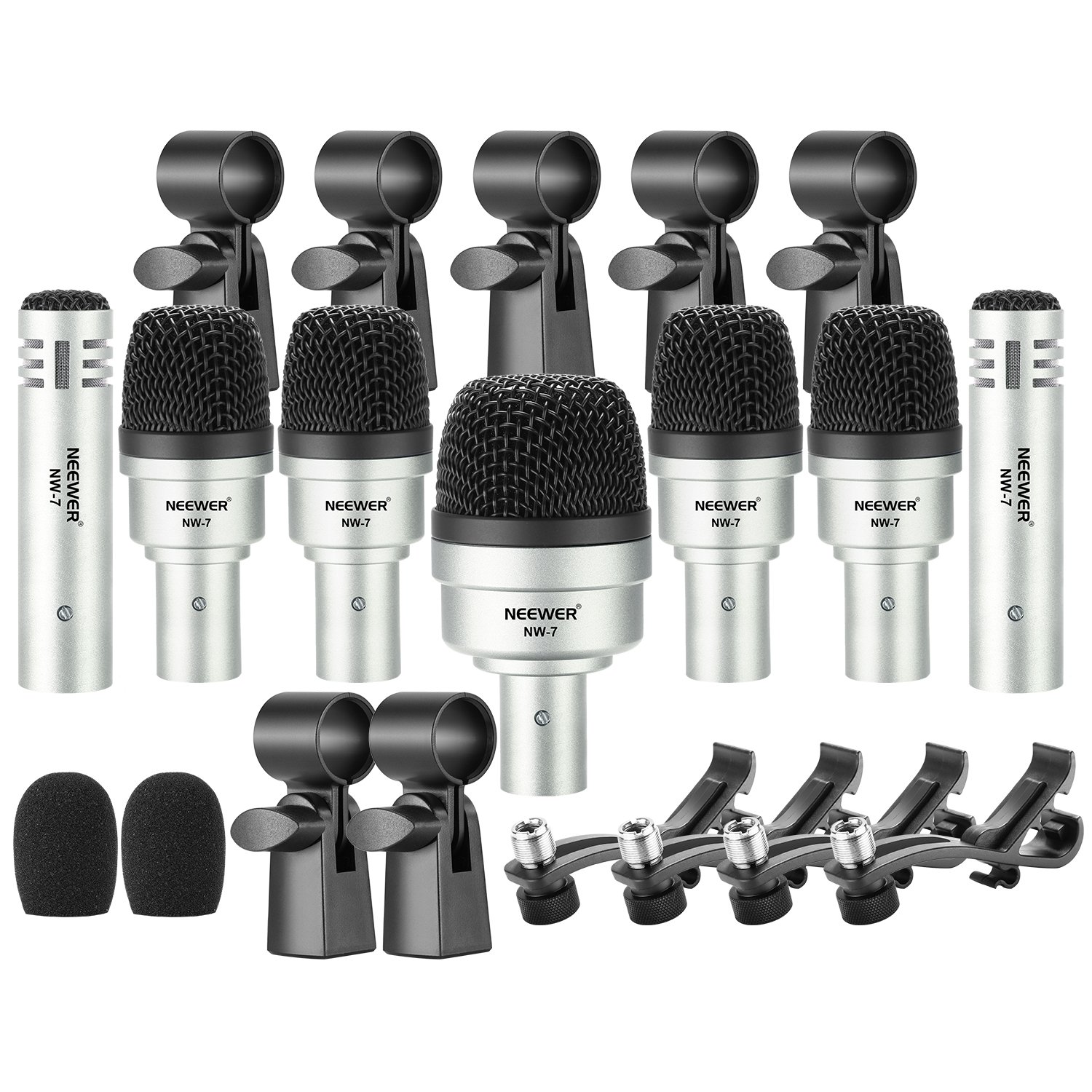 Neewer 7-Piece Professional Drum Microphone Kit - Dynamic Kick Bass, Tom/Snare & Cymbal Mics - Complete with Clips, Inserts, Holders & Carrying Case (NW-7) - Perfect for Live Performances, Studio Recording & Drum Practice