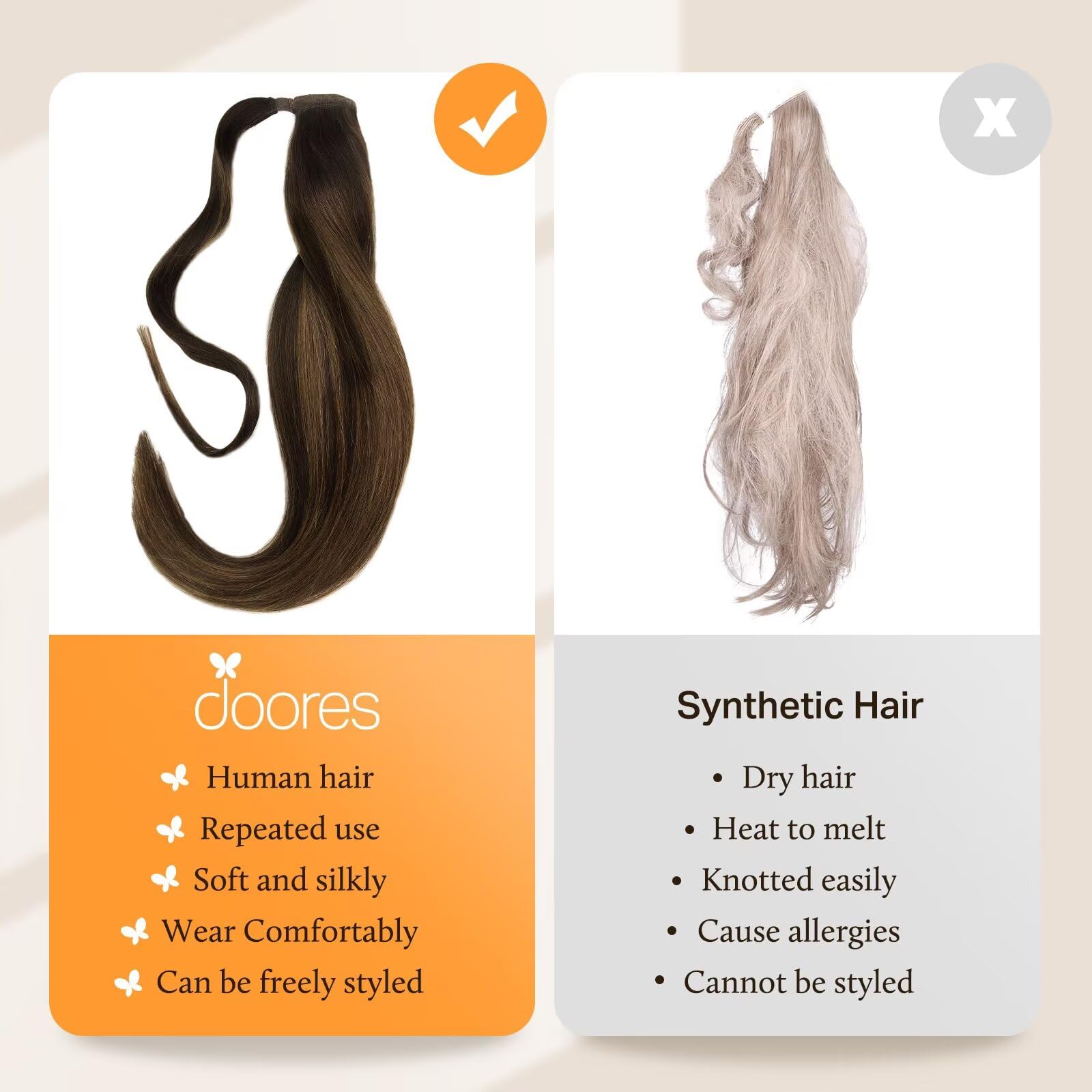 DOORES 14 Inch Clip-in Ponytail Hair Extension - 75g Real Human Hair, Balayage Dark Brown to Chestnut Brown, Straight Heat Resistant Invisible Magic Paste | Perfect for Parties, Weddings, Cosplay & Daily Styling