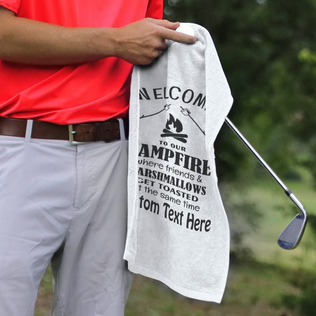 Custom Fathers Day Golf Towel - Personalized Campfire & Marshmallows Design - 100% Cotton - Perfect for Golf Gifts, Dad's Birthday & Outdoor Activities