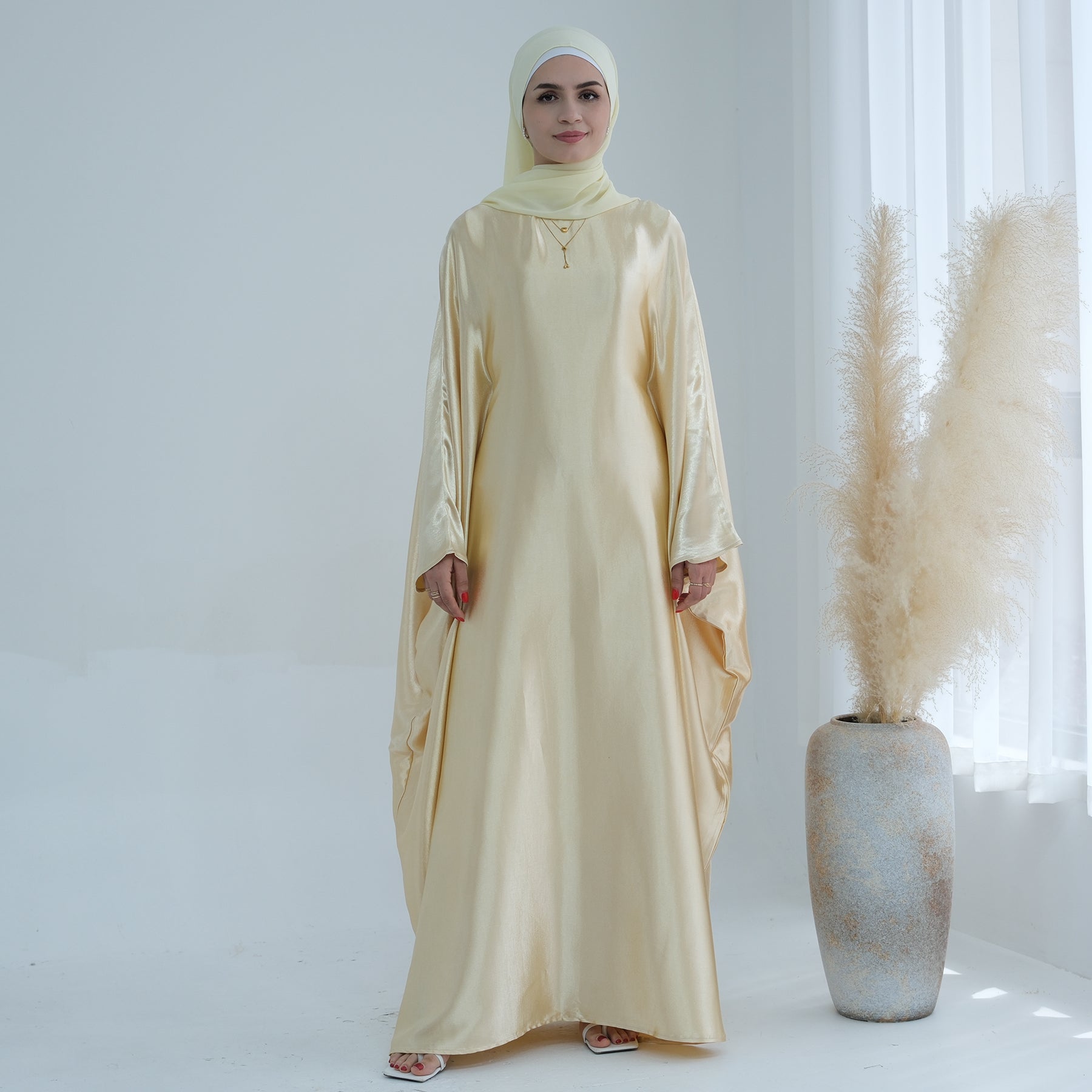 Elegant Alisha Butterfly Satin Abaya Dress - Yellow Gold Islamic Prayer Gown for Women | Perfect for Eid, Ramadan, Wedding & Special Occasions