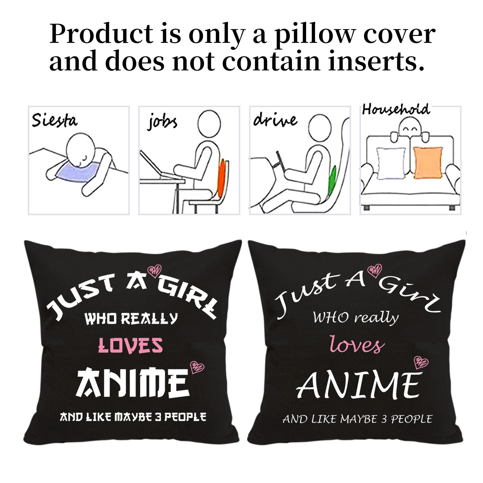 Anime Throw Pillow Cover 18x18 Inches - Double Sided Printed Anime Lover Gift for Girls & Fans (Black) - Perfect for Bedroom Decor, Anime Themed Parties & Cosplay Gifts