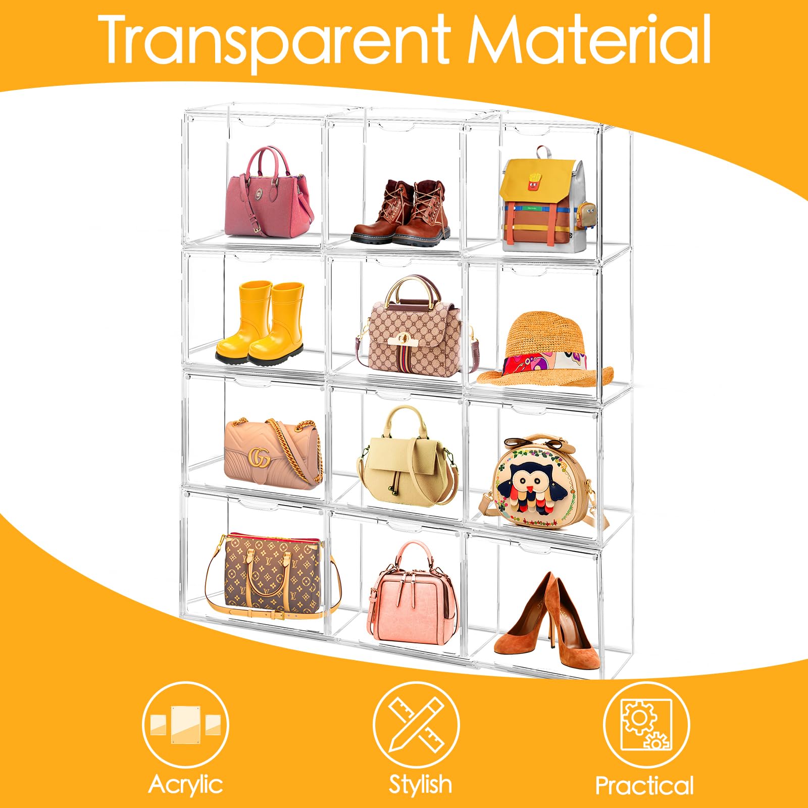 15-Pack Clear Acrylic Purse Organizer with Magnetic Door - Stackable Handbag Storage Box with Dustproof Lid for Closet, Books, Toys, Shoes & Cosmetics - Perfect for Displaying Collectibles & Organizing Small Items