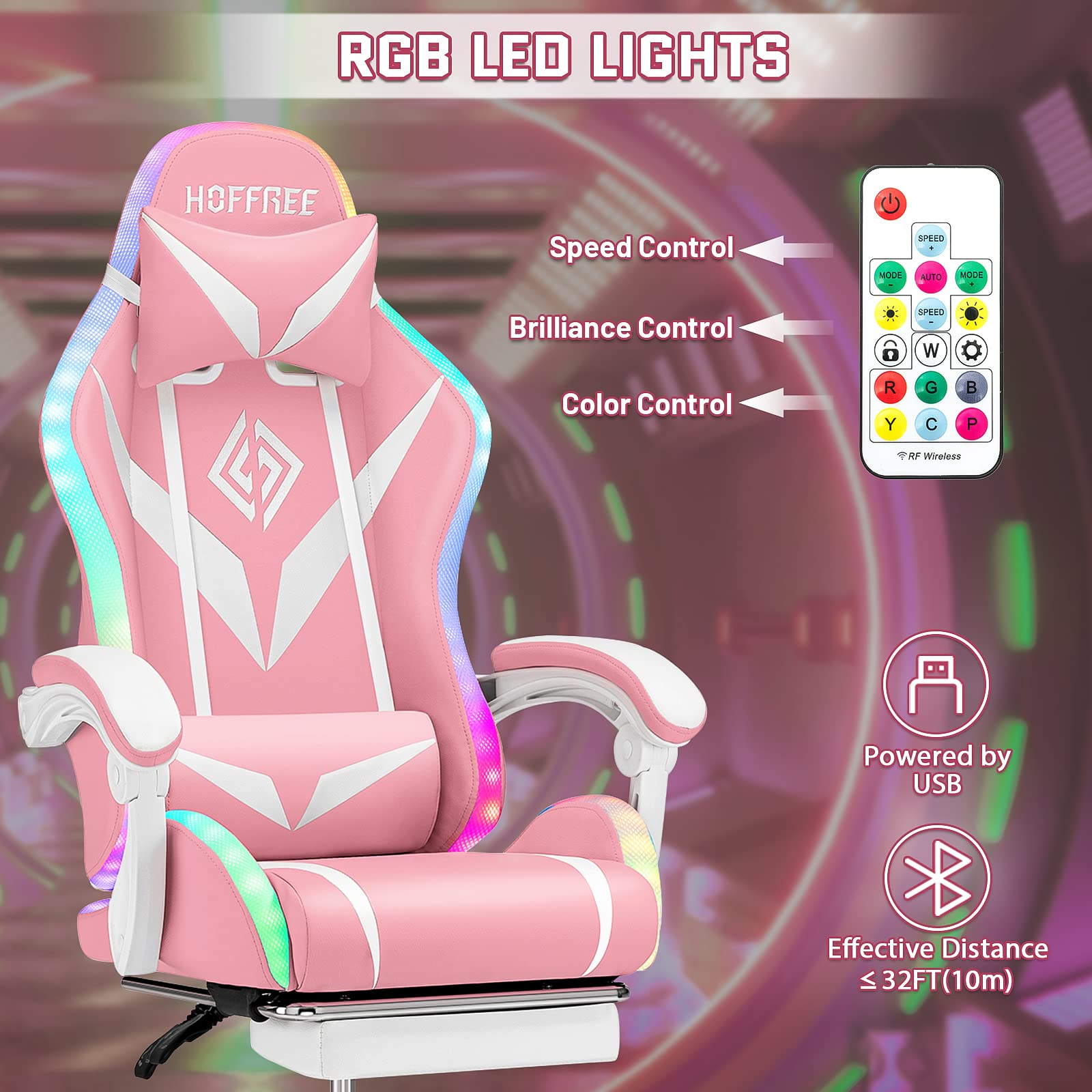 Pink Ergonomic Gaming Chair with Bluetooth Speakers, RGB LED Lights, Massage & Footrest - High Back Lumbar Support for PC, Video Game & Office Use - Perfect for Streaming, Esports & Home Gaming Setup