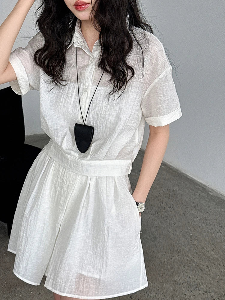 Beige Women's Two-Piece Suit Set - Thin Half Body Skirt & Lapel Short Sleeve Shirt | Spring Summer 2025 Fashion Trend | Office Wear, Casual Outfits, Party Dresses (Style 1DJ1239)