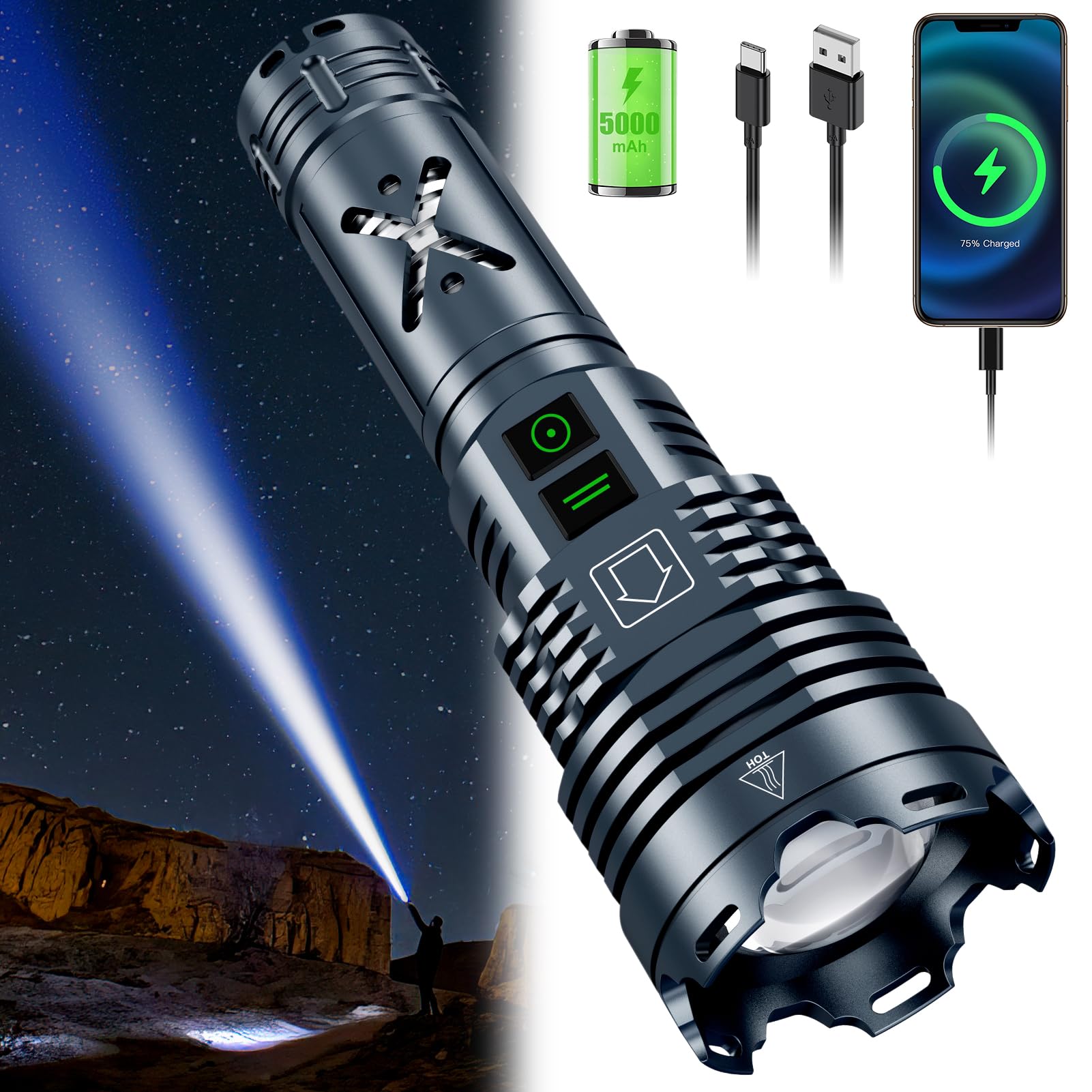 2500000 Lumens Rechargeable LED Tactical Flashlight - Super Bright Waterproof Handheld Flashlight with 6 Modes & Zoomable Focus - Perfect for Camping, Hiking, Home Emergencies & Outdoor Adventures