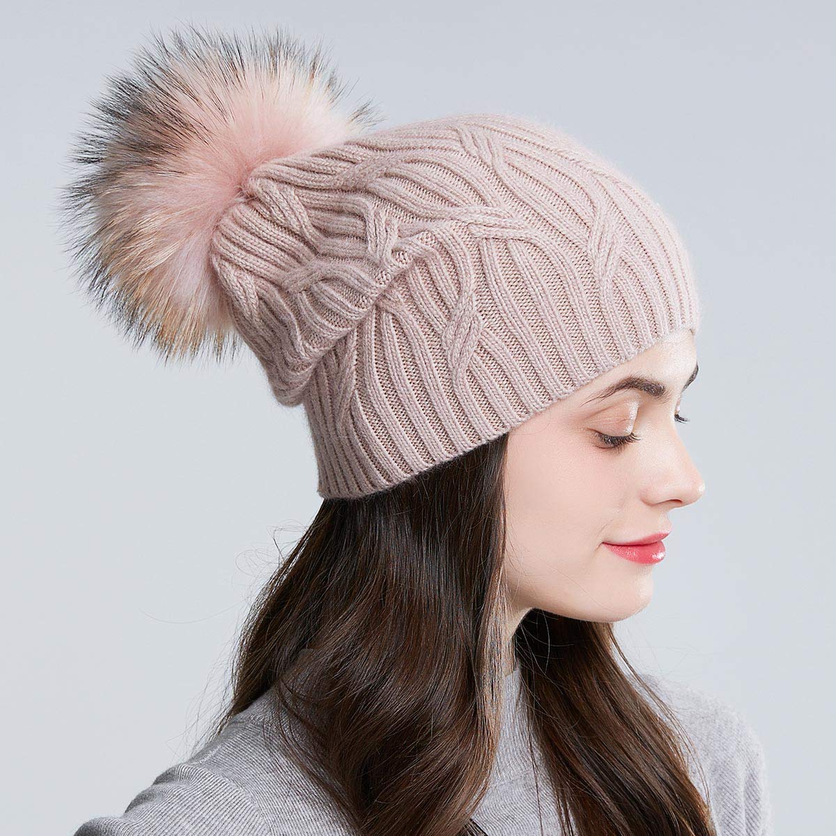 Women's Winter Fur Pom Pom Beanie Hat - Warm Knitted Wool Ski Cap with Cuff for Cold Weather - Perfect for Skiing, Snowboarding & Outdoor Activities