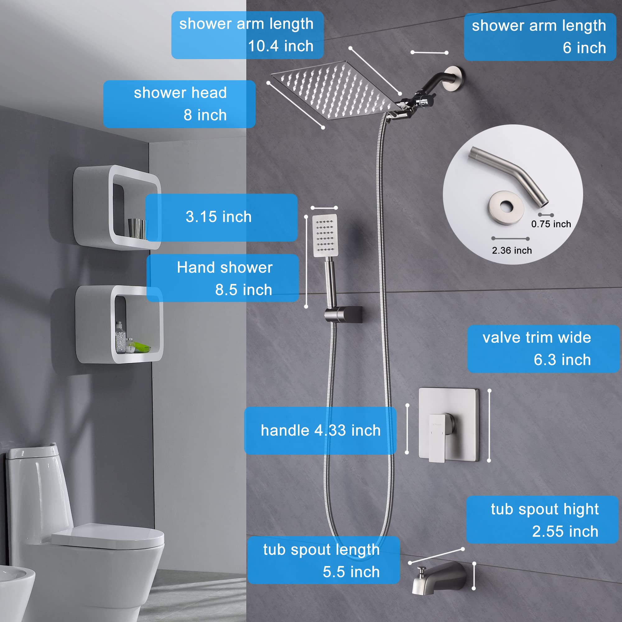 8 Inch Shower Faucet Set with Adjustable Extension Arm & Handheld Sprayer - Brushed Nickel Finish - Complete Bathroom Shower System with Pressure Balance Valve - Perfect for Modern Bathroom Renovations and Spa-Like Showers