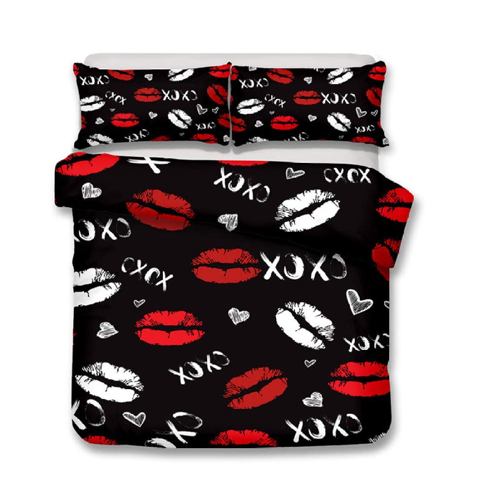 3D Girls Romantic Bedding Set - YZBEDSET White & Red Lips on Black Background Duvet Cover, Quilt Cover & Pillowcase for Twin Size (68x86 inches) | Soft & Stylish Bedroom Decor for Teens, Dorms & Guest Rooms