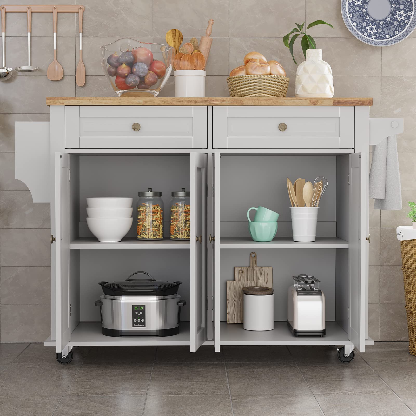 Rolling Kitchen Island with Drop Leaf – White Matte Movable Kitchen Cart on Wheels with Storage Cabinet, Rubber Wood Top, Rack, and Drawers – Perfect for Small Kitchens, Dining, and Entertaining