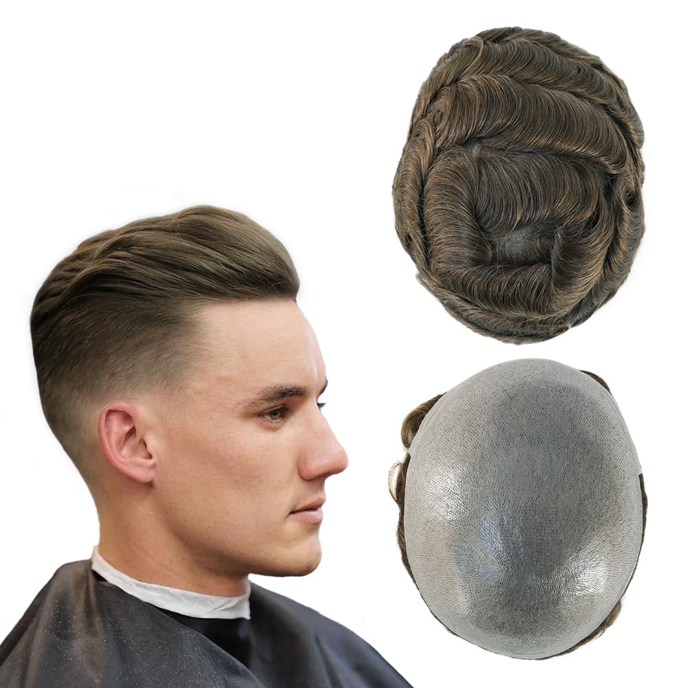 Men's Human Hair Toupee - Ultra Thin Skin V Looped Light Brown #7 Hair Replacement System | Natural Looking Hairpiece for Baldness & Thinning Hair | Perfect for Daily Wear, Weddings & Special Events