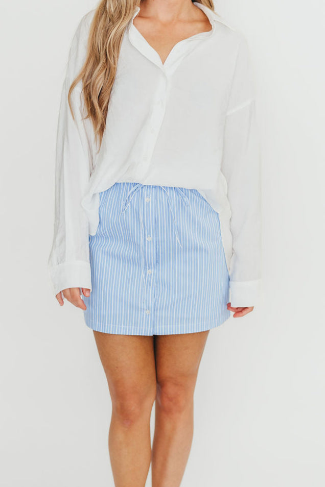 Sia Light Blue Striped Poplin Drawstring Skort - Women's Casual Summer Skirt Shorts for Beach, Golf, and Everyday Wear
