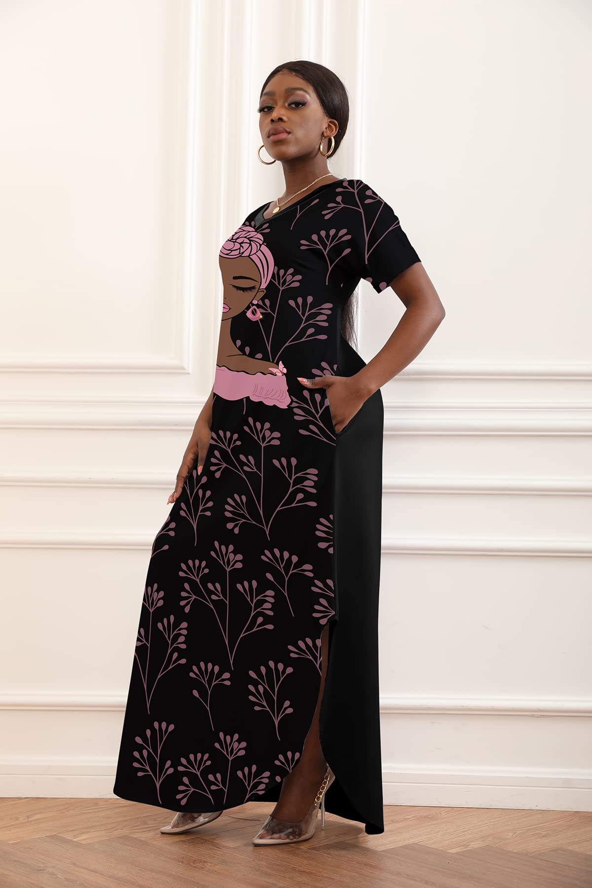 FZNHQL Black Women's Short Sleeve V-Neck Maxi Dress - African Melanin Girl Print Floral Long Casual Dress for Summer, Beach, Party & Everyday Wear