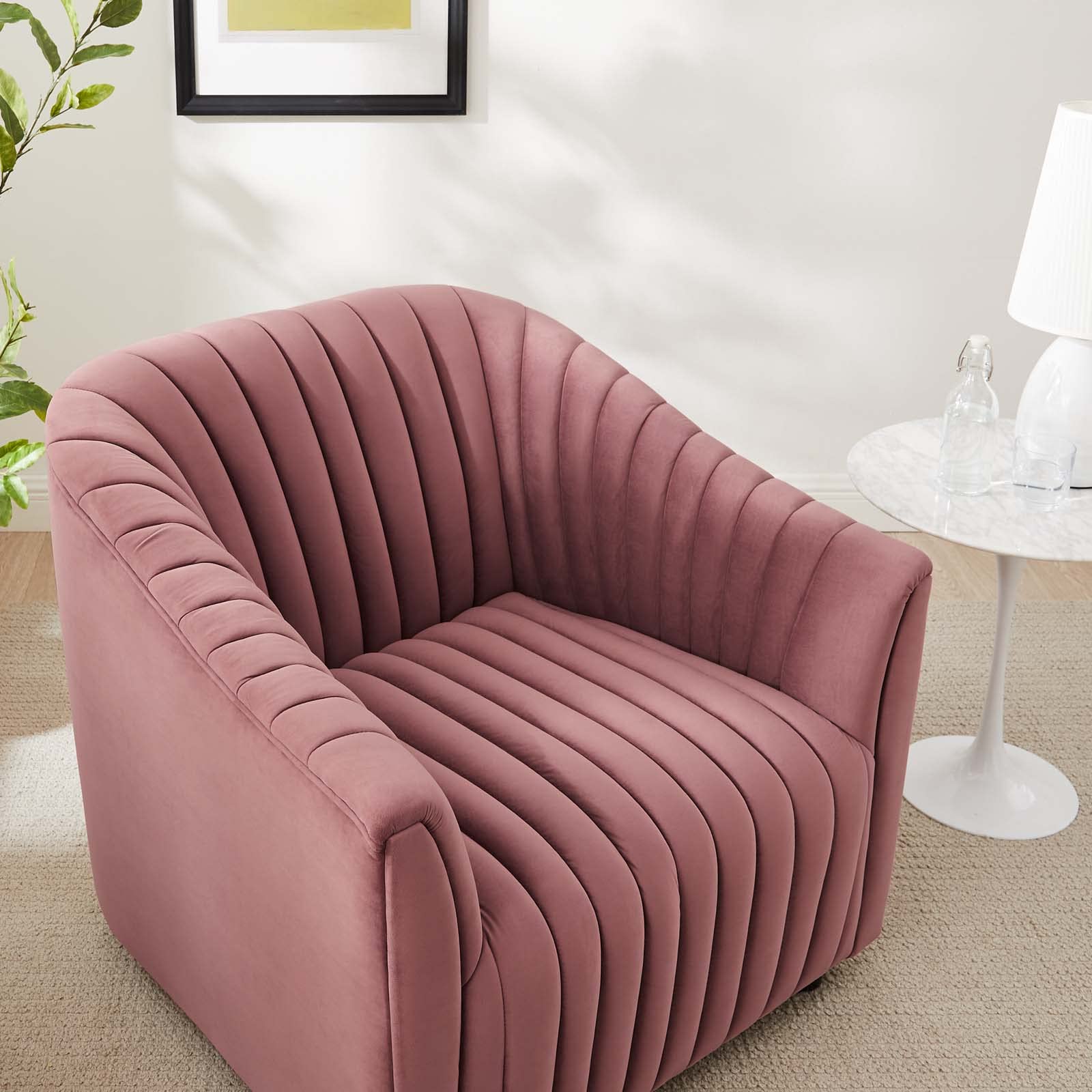Modway Announce Performance Velvet Channel Tufted Armchair - Luxurious Dusty Rose Upholstered Accent Chair for Living Room, Bedroom & Office