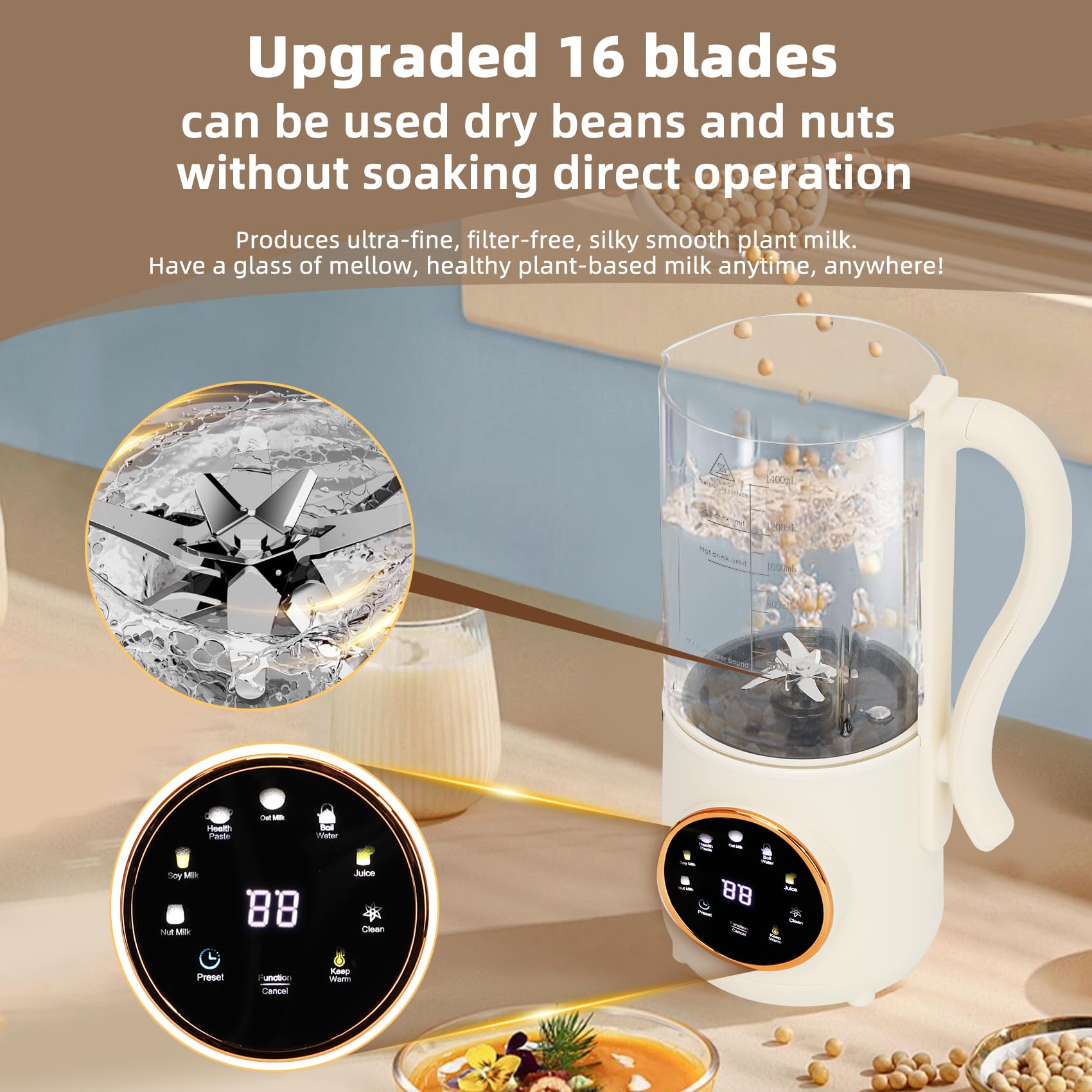 9-in-1 Automatic Soy Milk Maker & Nut Milk Machine - 47oz (1400ml) Capacity with Self-Cleaning Function, 16 Stainless Steel Blades for Almond Milk, Oat Milk, Plant-Based Milk & Fresh Juice | 24H Delay Timer, Boiling & Keep Warm Features | Perfect for Vegan Breakfast, Healthy Smoothies & Homemade Beverages