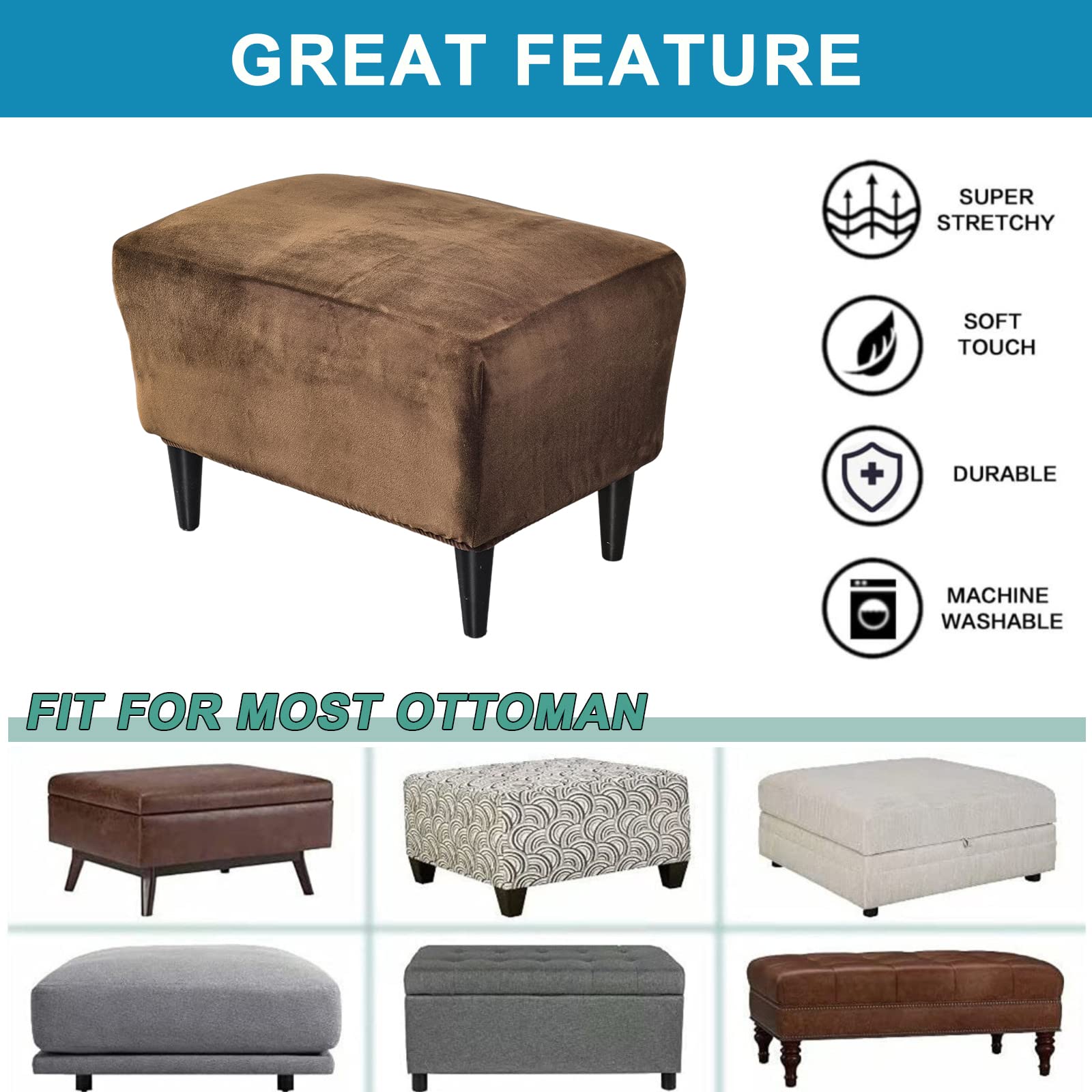 CRFATOP X-Large Velvet Ottoman Chair Slipcover - Stretch Rectangle Storage Stool Cover with Elastic Bottom for Footrest, Sofa & Furniture Protection (17