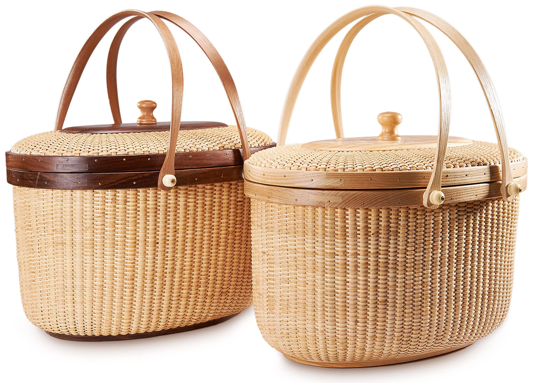 Handmade Nantucket Style Rattan Picnic Basket with Swing Handles - Woven Sewing Storage Tote Bag for Women - Perfect for Beach Outings, Picnics & Home Decor
