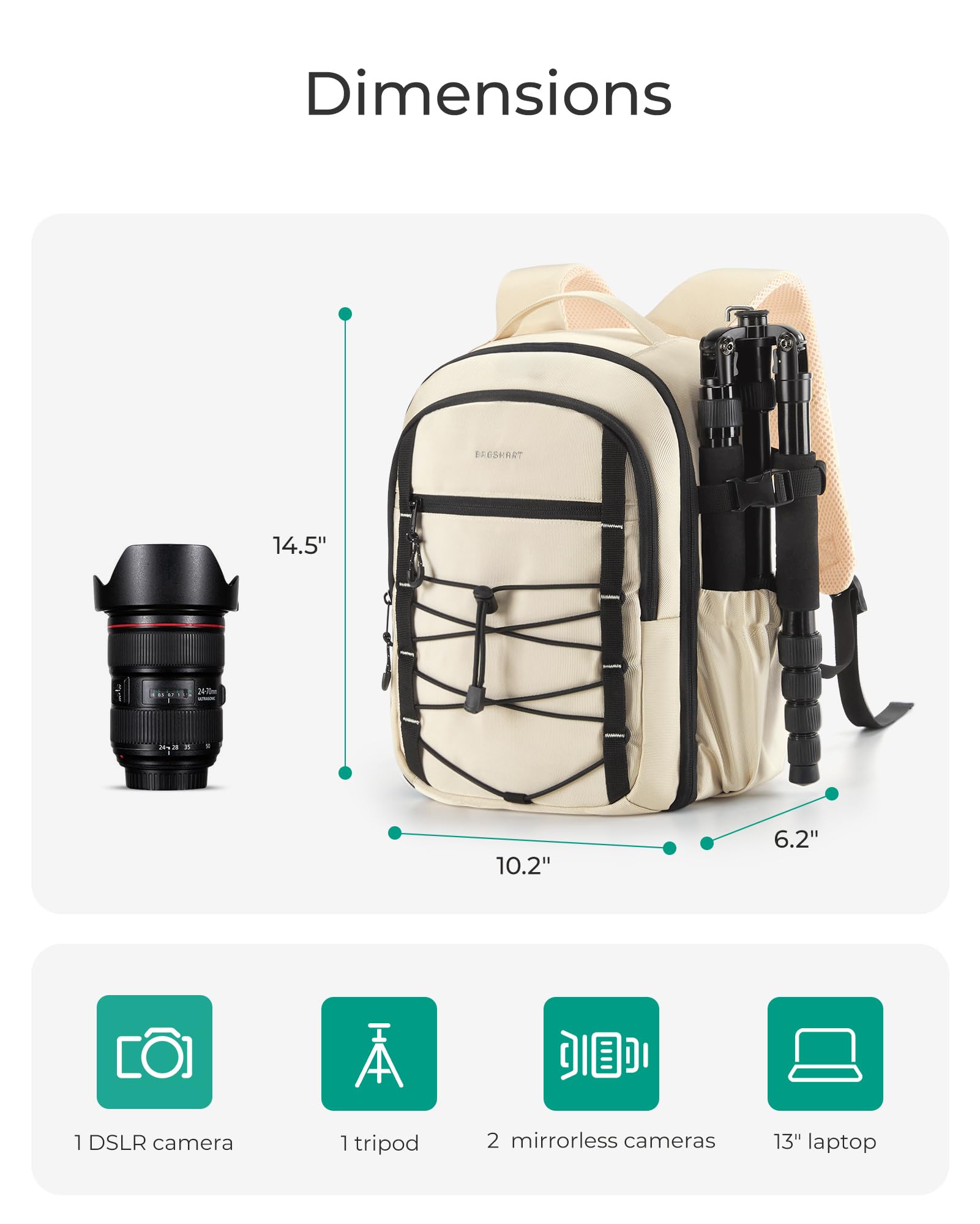 BAGSMART Small DSLR SLR Camera Backpack - Waterproof Laptop Bag for 13 Inch MacBook, Tripod Holder & Rain Cover Included - Perfect for Travel, Hiking & Photography Enthusiasts