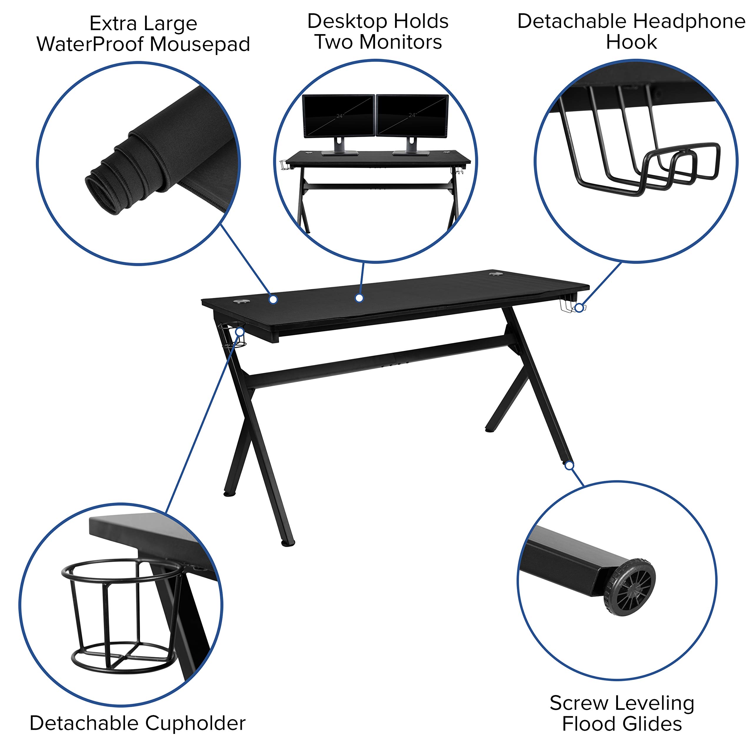 EMMA & OLIVER 55 Inch Black Gaming Computer Desk with Headphone Hook, Cable Management System & Mouse Pad - Perfect for Home Office, Gaming Setup and Workstation Organization