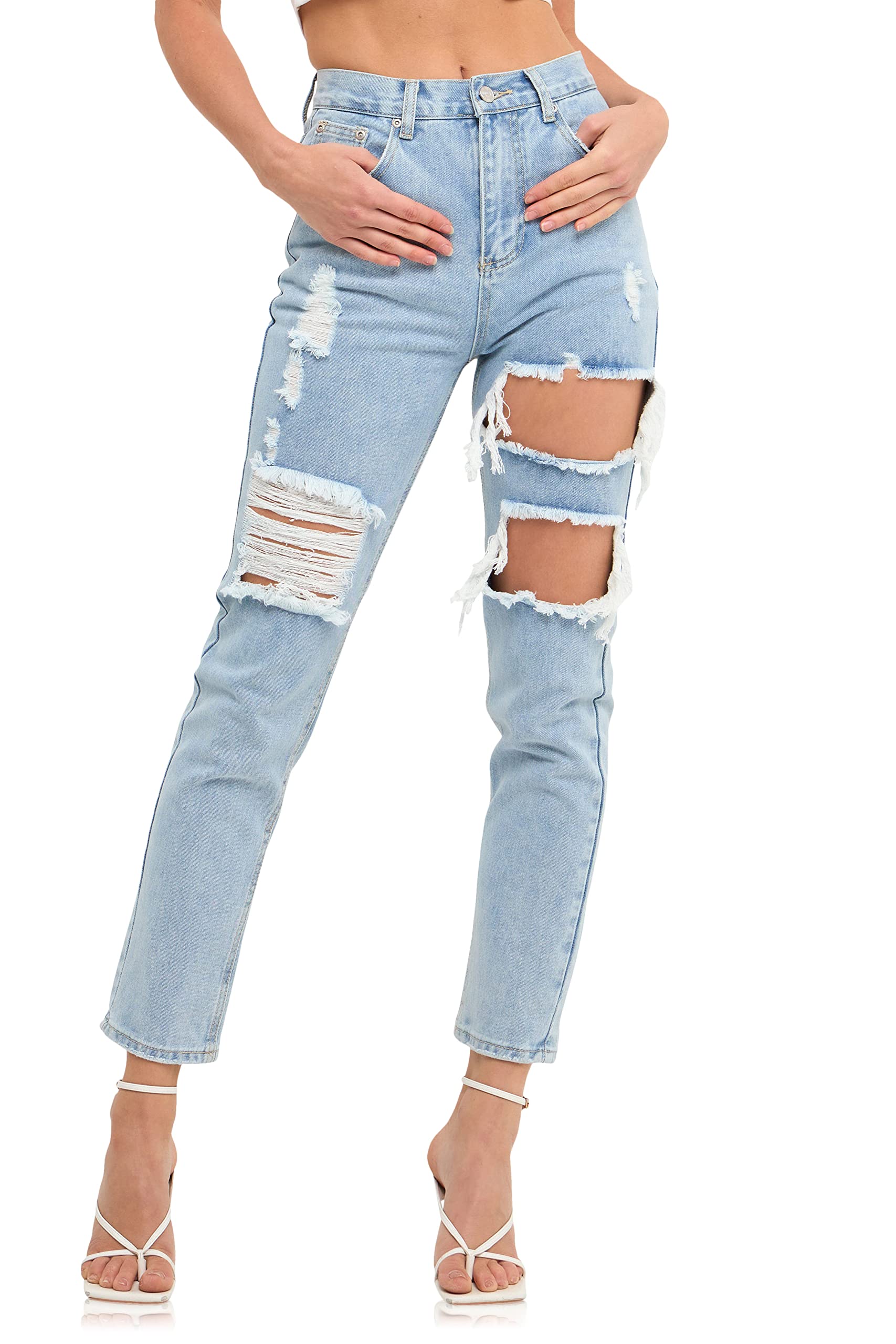 Women's High Waist Cut Out Ripped Straight Leg Jeans - Distressed Denim Pants for Casual Wear & Street Style Outfits