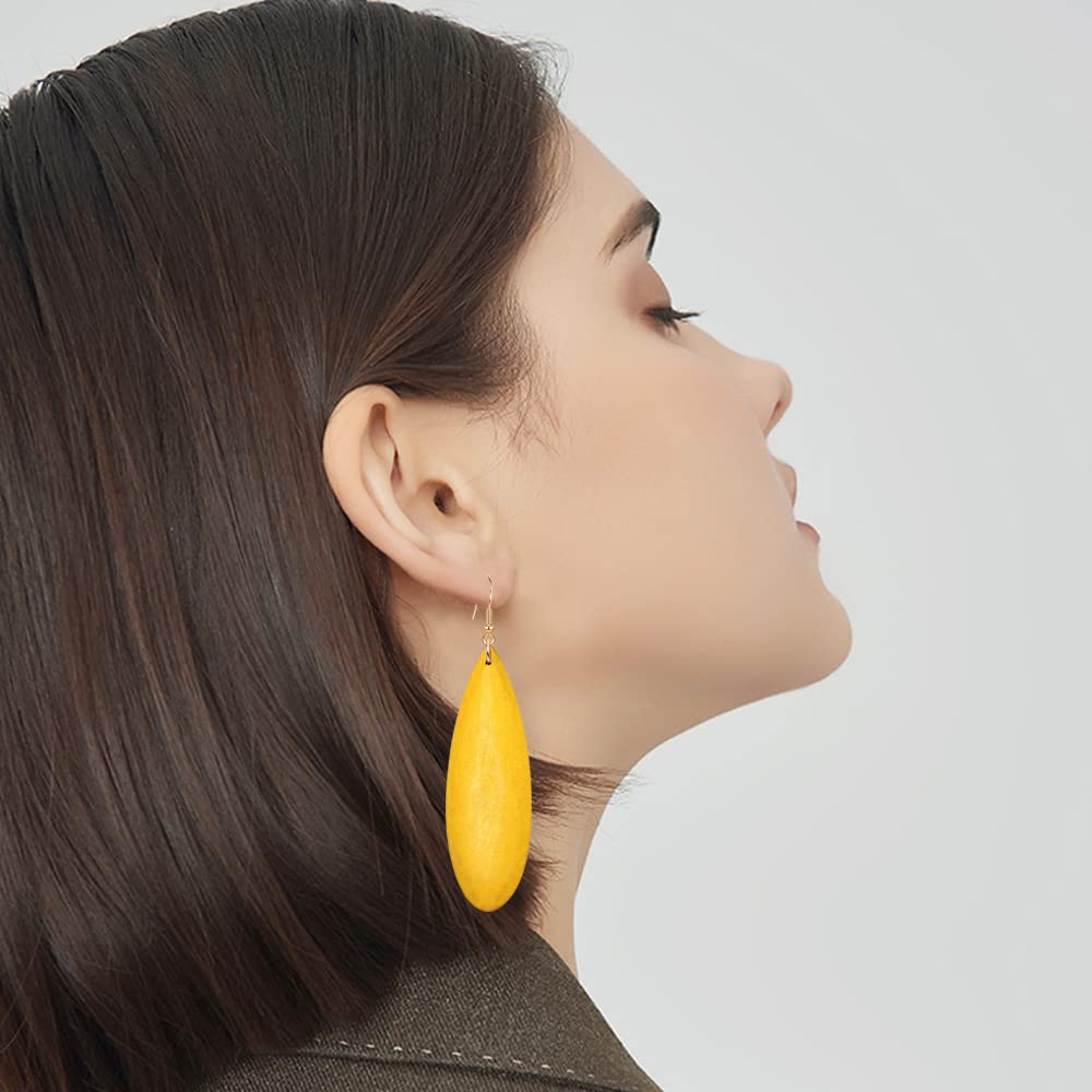 Handmade Lightweight African Teardrop Wood Earrings for Women - Natural Wood Bohemian Retro Dangle Drop Earrings, Vintage Geometric Long Big Design in Black Brown & Yellow | Perfect for Boho Chic, Festival, Casual & Party Outfits
