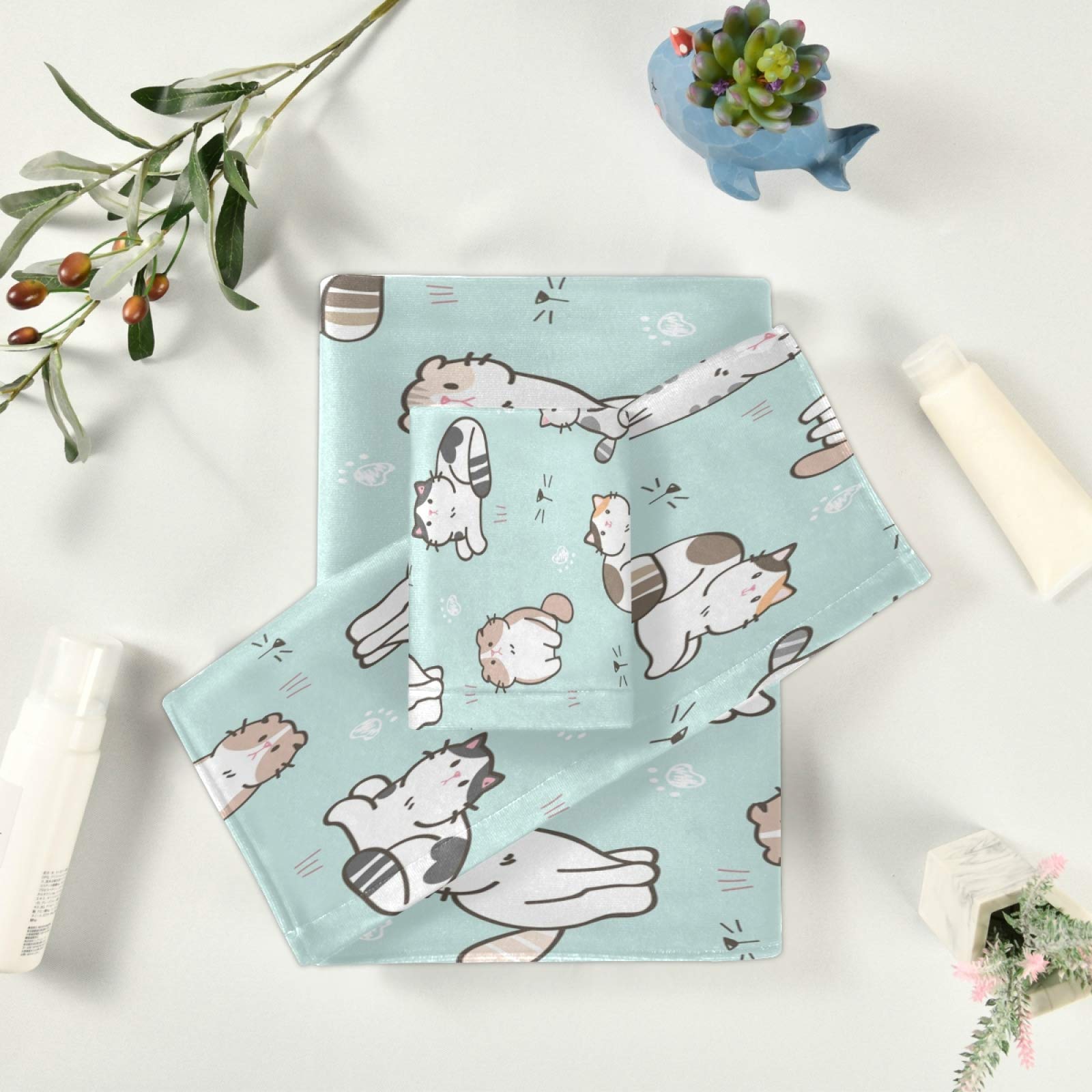 Qilmy Cute Cat Bath Towels Set - Ultra Absorbent & Soft 3-Piece Towels for Home, Spa, and Hotel Decor - Perfect for Bathroom, Beach, and Gift Giving
