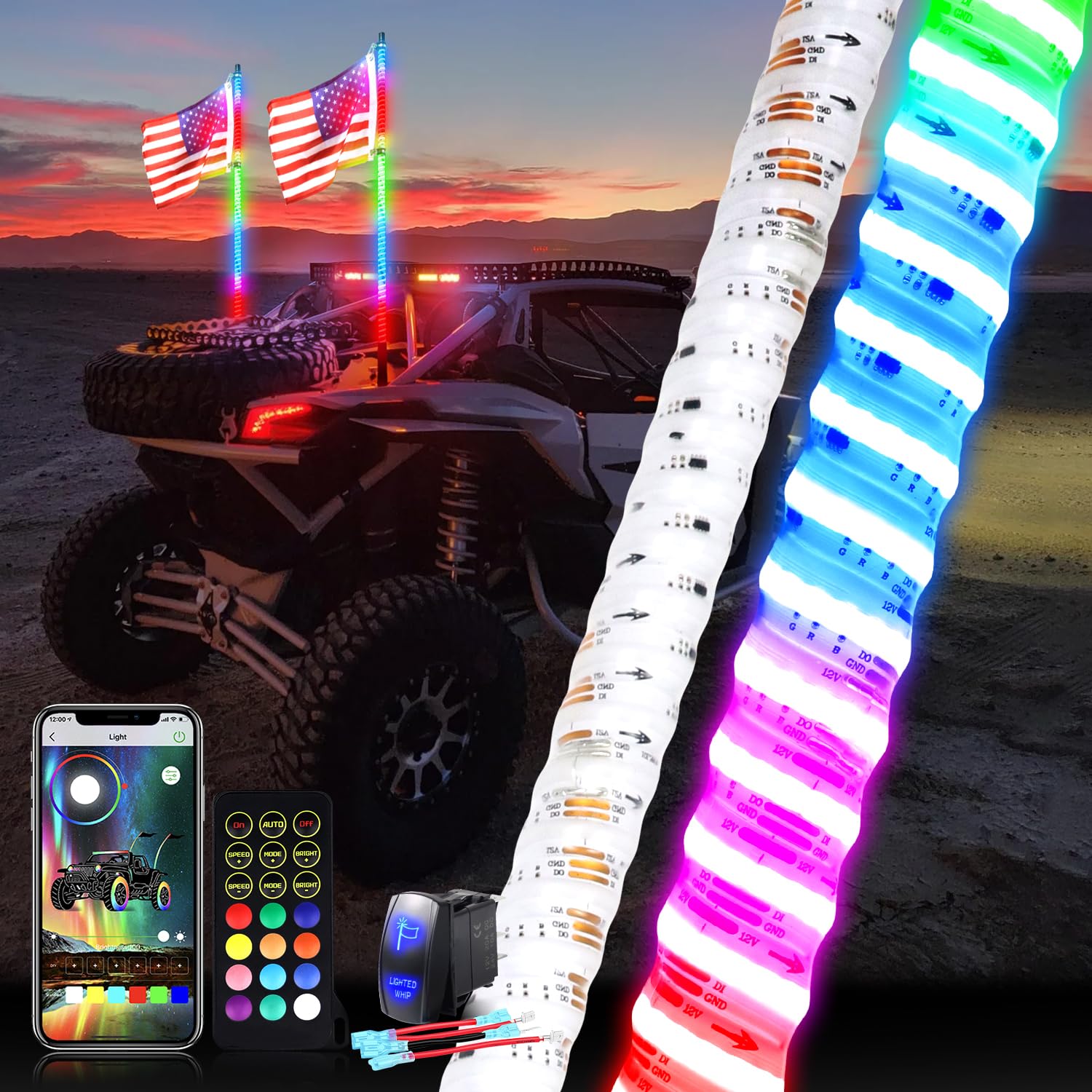 2PCS 4FT Upgraded COB LED Whip Lights - 16 Color Modes, Bend & Weather Resistant for ATV/UTV, Polaris RZR, Can-Am - Perfect for Off-Road Adventures, Night Riding & Outdoor Camping
