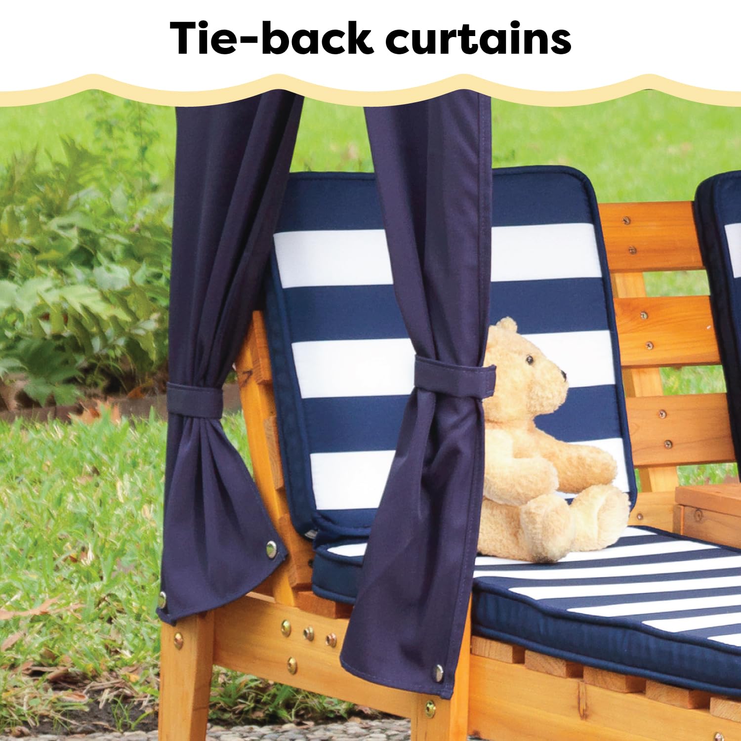 KidKraft Wooden Outdoor Double Chaise Lounge for Kids with Cup Holders - Patio Furniture Set with Navy & White Striped Fabric - Perfect Gift for Ages 3-8 - Ideal for Backyard, Poolside & Outdoor Play Areas