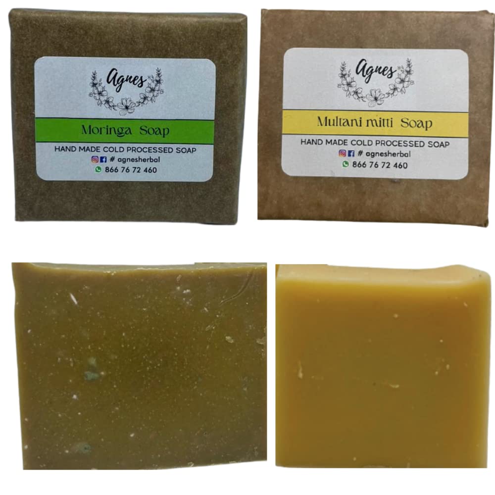 Agnes Moringa Soap - 100% Natural & Herbal Cold Processed Handmade Soap for Eczema, Anti-Aging & Acne Treatment | Pack of 2 (200g) | Gentle Cleansing for Sensitive Skin & Daily Skincare Routine