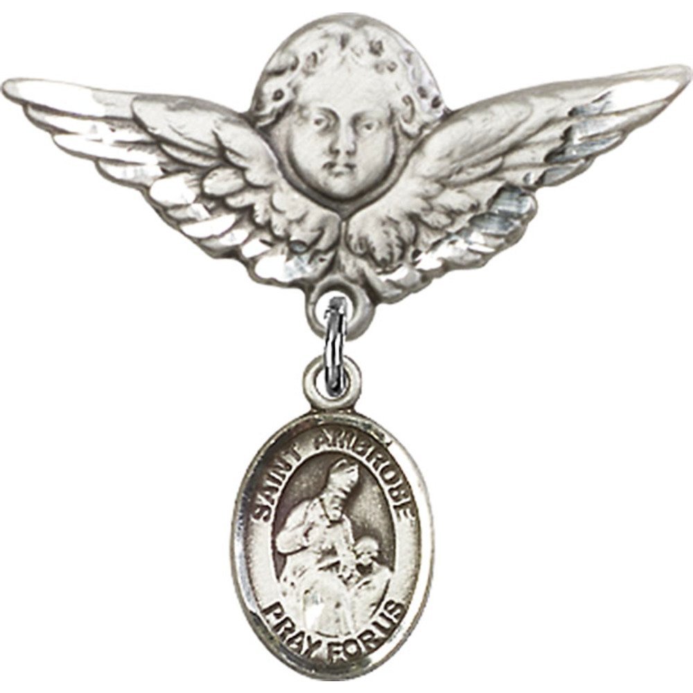 Sterling Silver Baby Badge with St. Ambrose Charm & Angel Wing Pin - 1 1/8