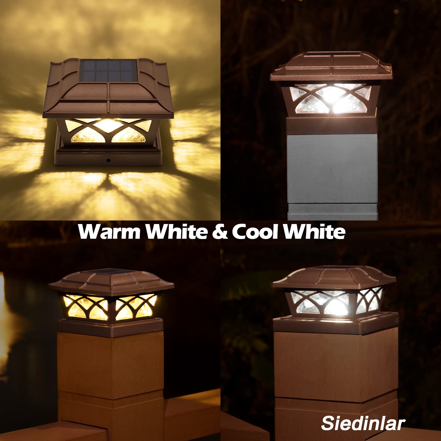 SIEDiNLAR Solar Post Cap Lights Outdoor - 8 LED Glass Lights with Warm White & Cool White Modes for 4x4 5x5 6x6 Wooden Posts - Waterproof Deck Fence Patio Lighting (4 Pack) - Perfect for Garden Pathway, Backyard, Porch and Landscape Decoration