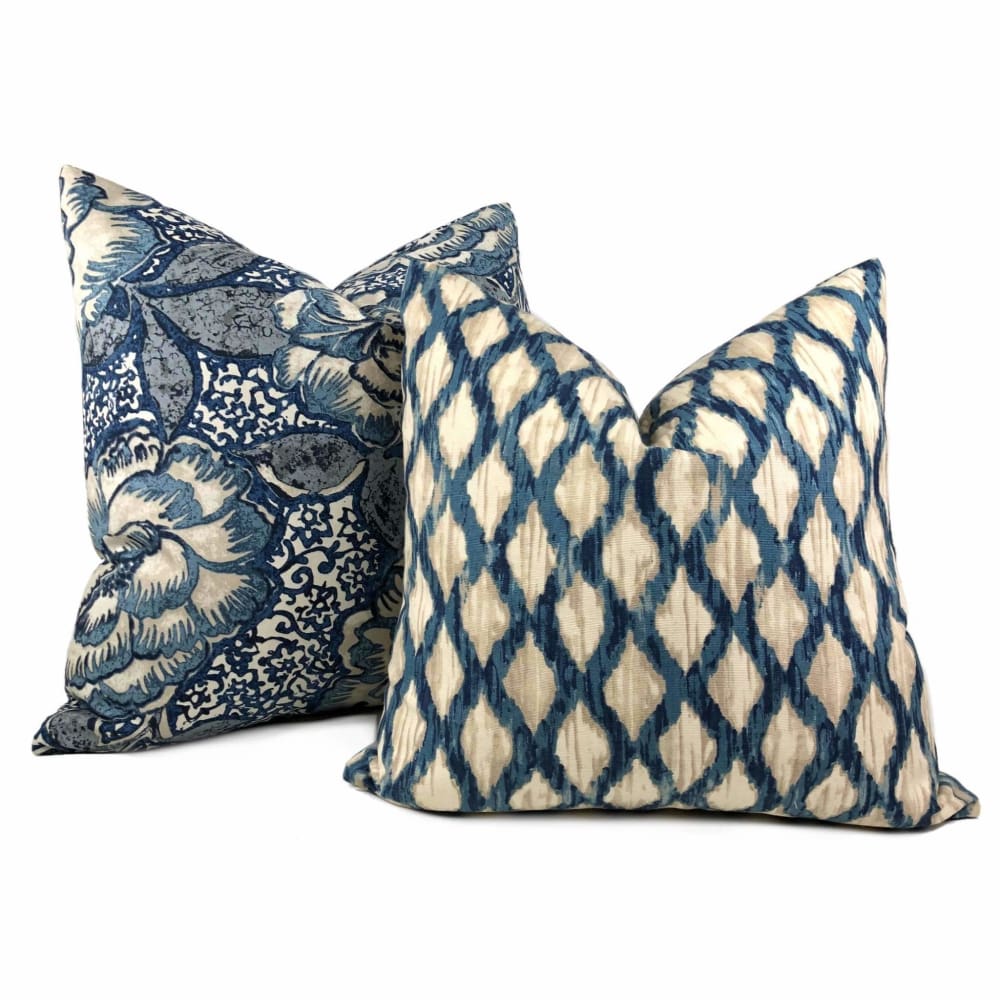 Robert Allen Peony Bloom Indigo Blue Beige Floral Cotton Print Pillow Cover - Decorative Throw Pillow Case for Sofa, Bedroom & Living Room - 18x18 Inches Home Decor Accent