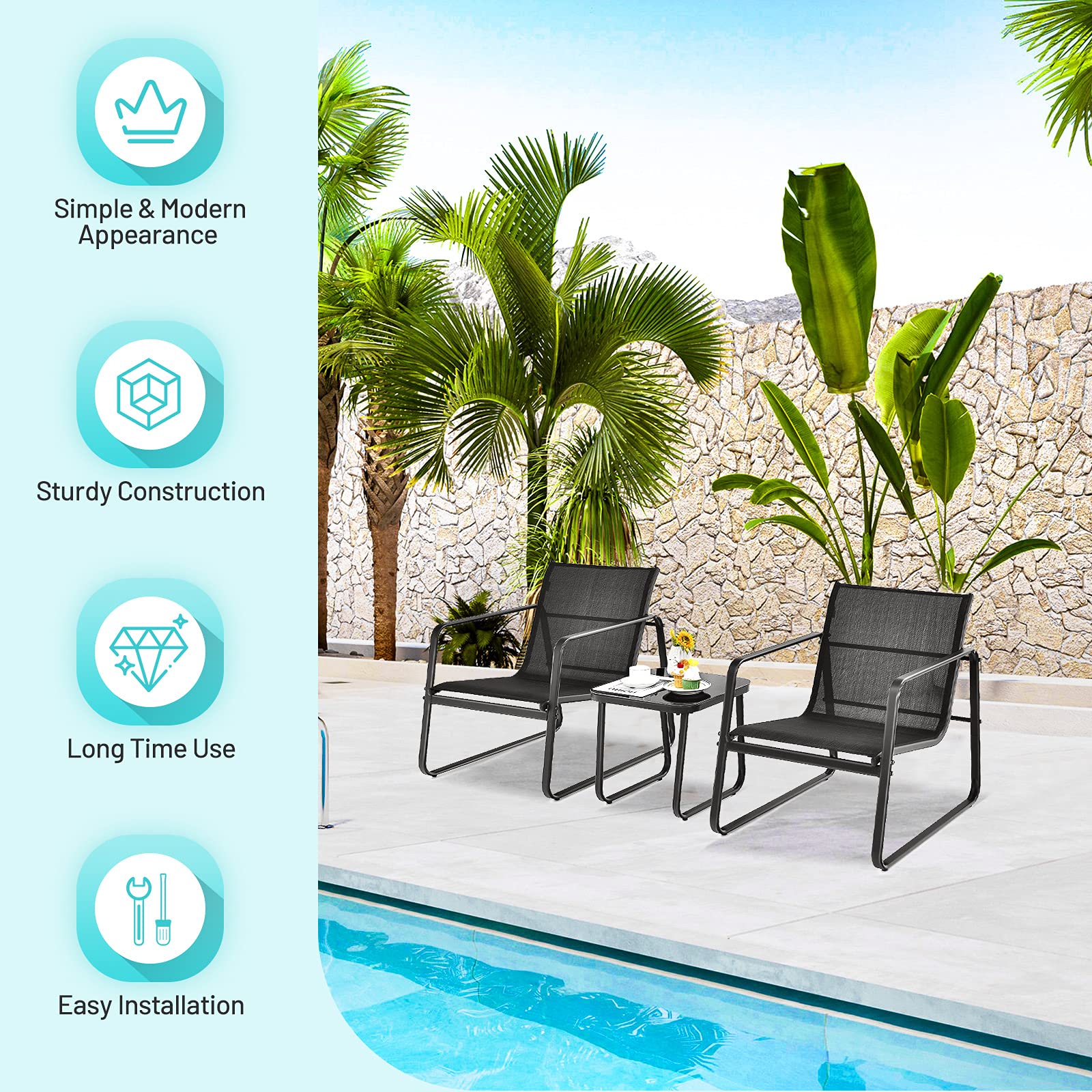 Giantex 3-Piece Patio Bistro Set - Outdoor Dining Furniture with Rustproof Steel Frame, Glass Top Table & 2 Chairs for Garden, Balcony, Deck, Yard - Perfect for Outdoor Entertaining, Relaxing & Dining (Black)