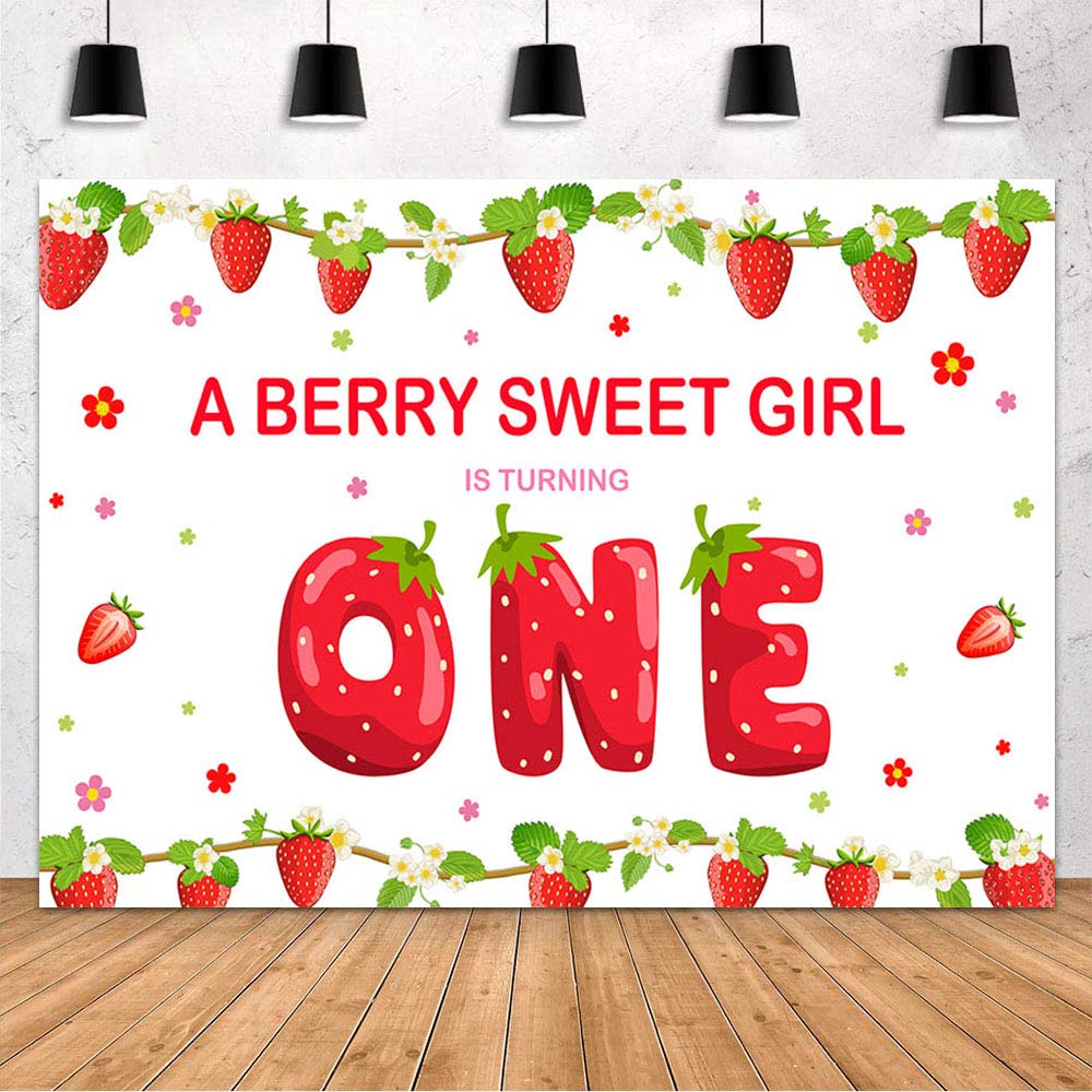 MEHOFOND Sweet Strawberry Theme 1st Birthday Party Decorations - 8x6ft Photography Backdrop for Baby Girl's First Birthday, Cake Table & Gift Table Decor - Perfect for Berry Sweet One Year Old Photoshoots & Party Supplies