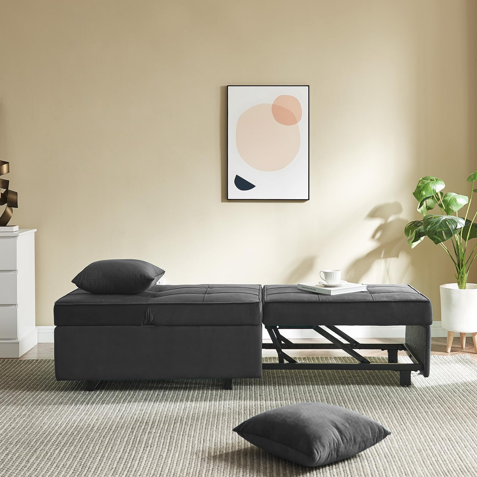 4-in-1 Convertible Velvet Sofa Bed with USB Ports - Sleeper Sofa Chair, Pull Out Futon Couch & Ottoman Bed - 5 Adjustable Backrest & Pillow - Dark Grey for Small Spaces, Living Room, Guest Room & Studio Apartments