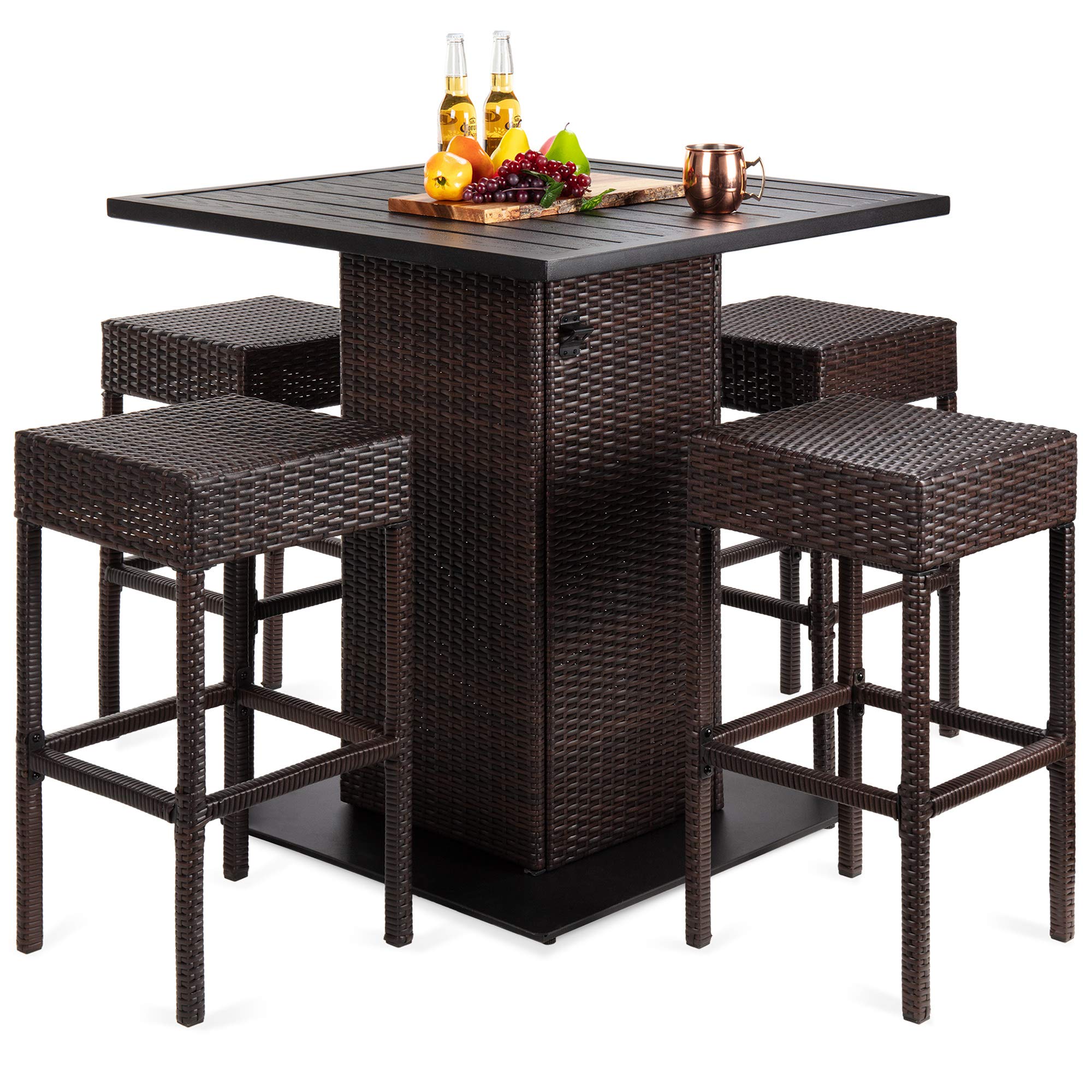 Best Choice Products 5-Piece Outdoor Wicker Bar Table Set with Built-in Bottle Opener & Hidden Storage - Brown Rattan Patio Furniture for Backyard, Poolside, Garden - Perfect for Outdoor Entertaining & Relaxation