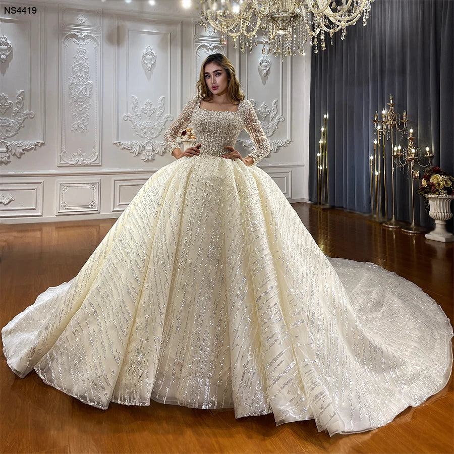 Elegant Square Neck Long Sleeve Fluffy Ball Gown Wedding Dress for Bride - Perfect for Church Ceremony, Formal Reception & Romantic Photoshoot