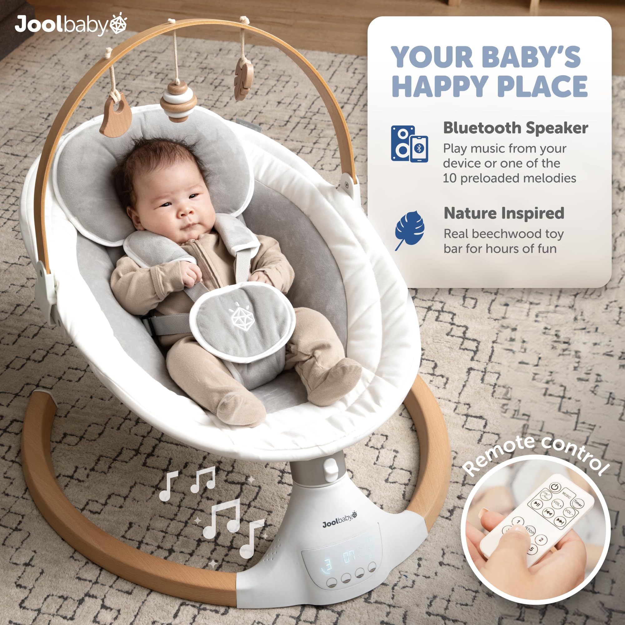Jool Baby Nova Nature Baby Swing for Newborns - Electric Motorized Infant Swing with Bluetooth Music & Natural Wood Toys | Perfect for Nursery, Playroom & Soothing Fussy Babies