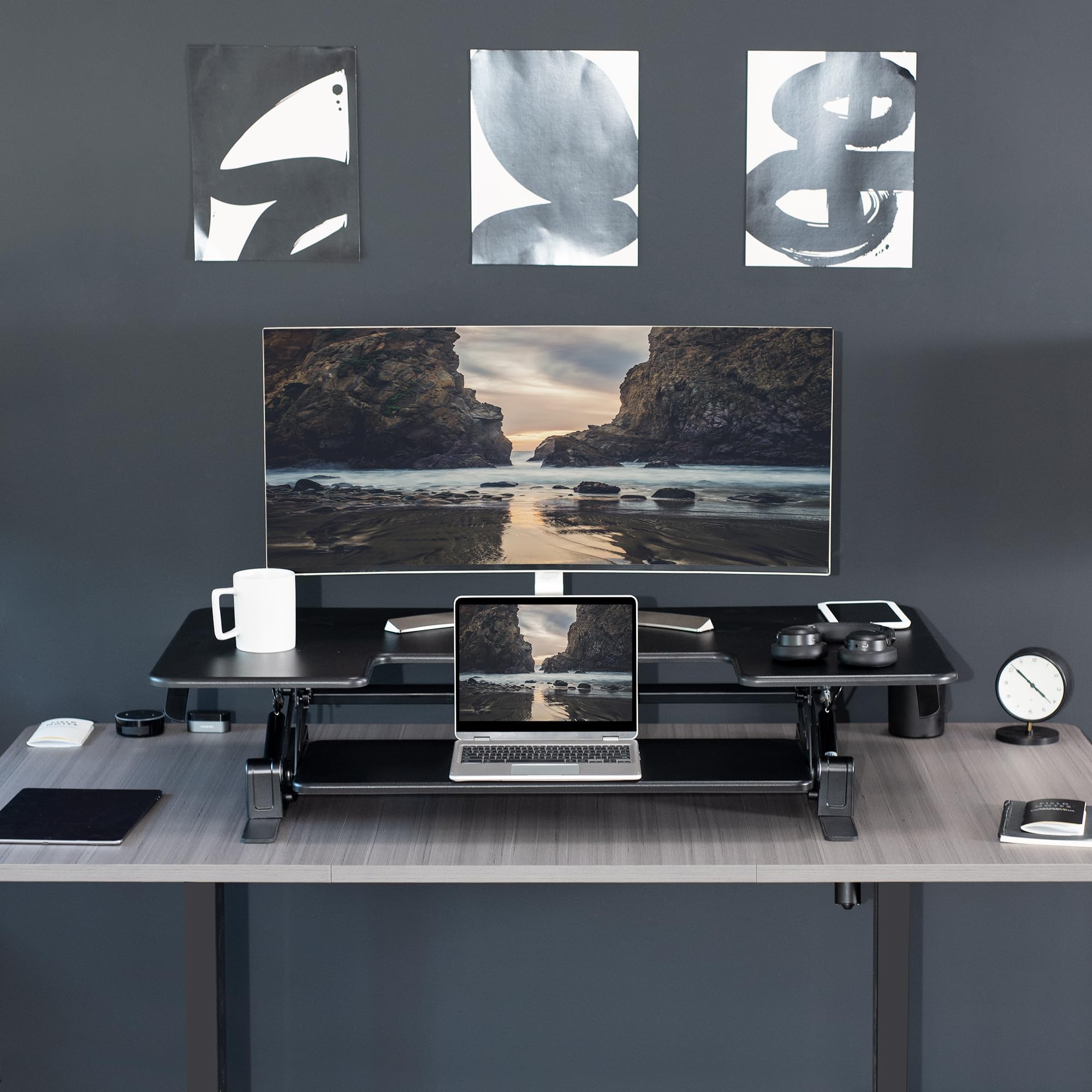 VIVO V Series 48 Inch Height Adjustable Standing Desk Converter - Quick Sit to Stand Dual Monitor Riser Workstation for Home & Office (Black, DESK-V048V) - Perfect for Ergonomic Workspaces, Computer Desks, and Productivity Setups