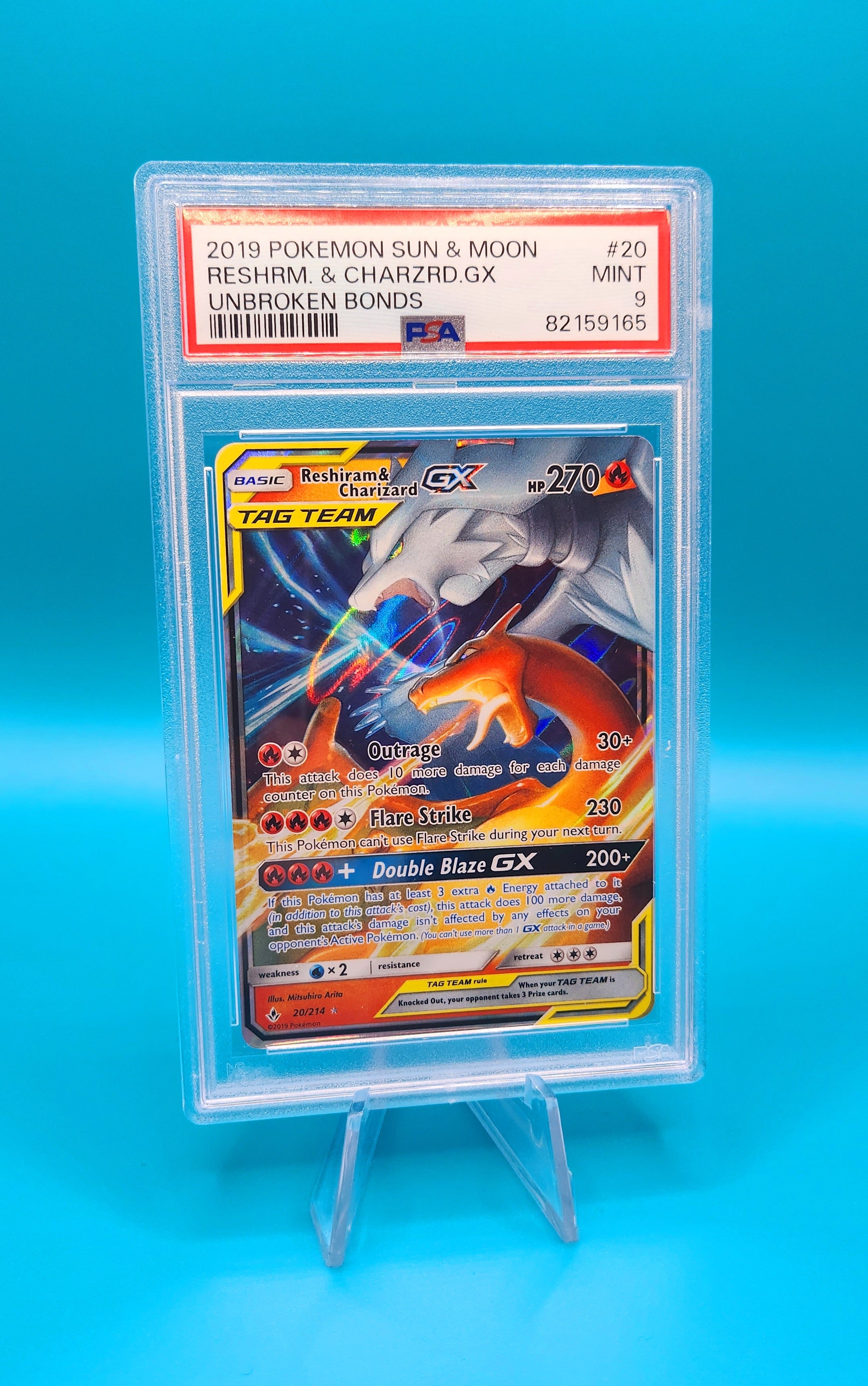 Pokemon 2019 Charizard & Reshiram Tag Team GX PSA 9 Graded Card - Rare Collectible Trading Card for Battles & Display