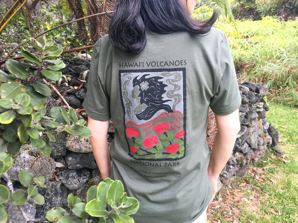 Hawaii Volcanoes National Park Green Pele T-Shirt - Vintage Hawaiian Volcano Design Cotton Tee for Men & Women - Perfect for Hiking, Travel & Island Vacations