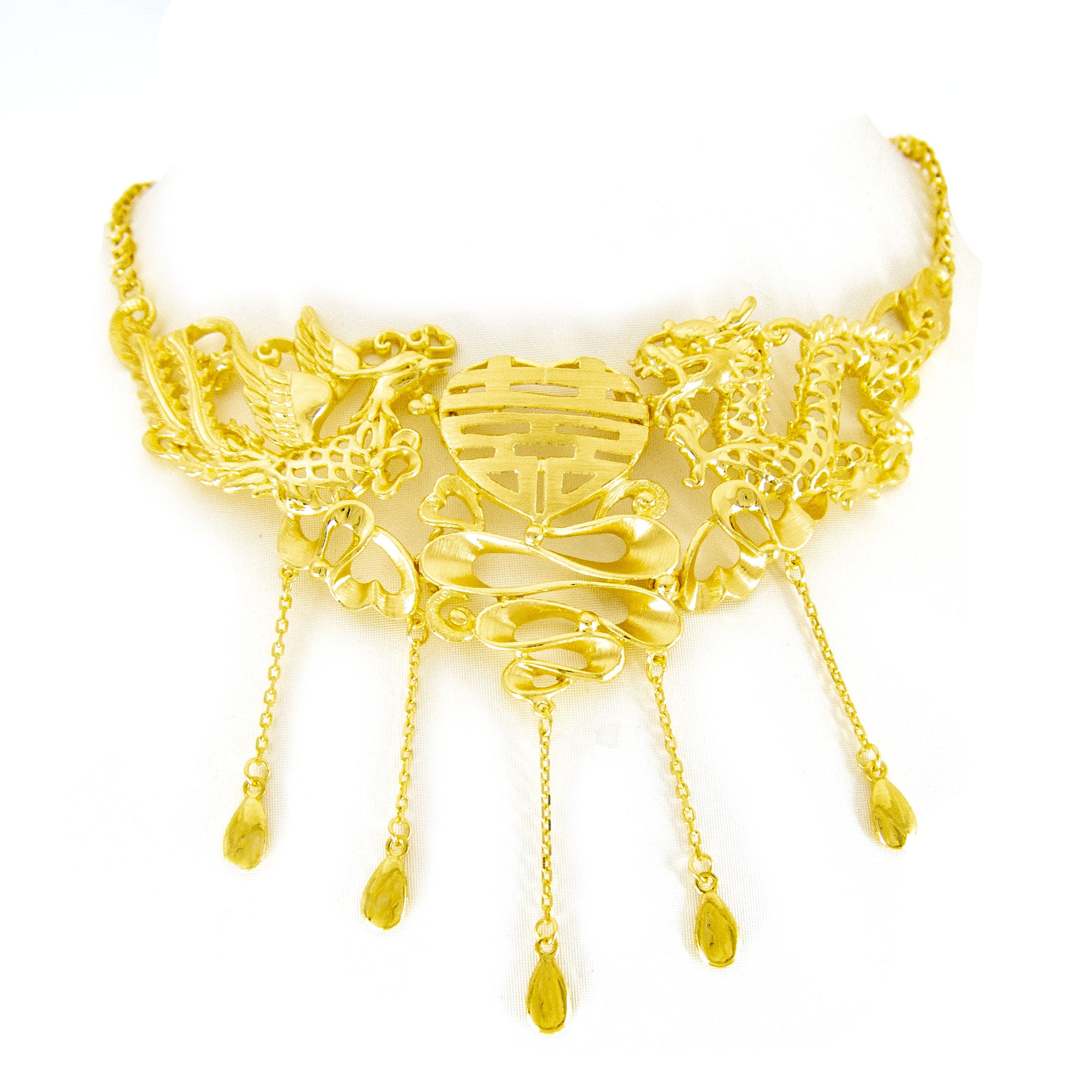 24K Gold Necklace Dragon & Phoenix Happiness - Elegant Chinese Wedding Jewelry for Brides, Couples Gift, Anniversary Present - Perfect for Valentine's Day, Engagement & Traditional Ceremonies